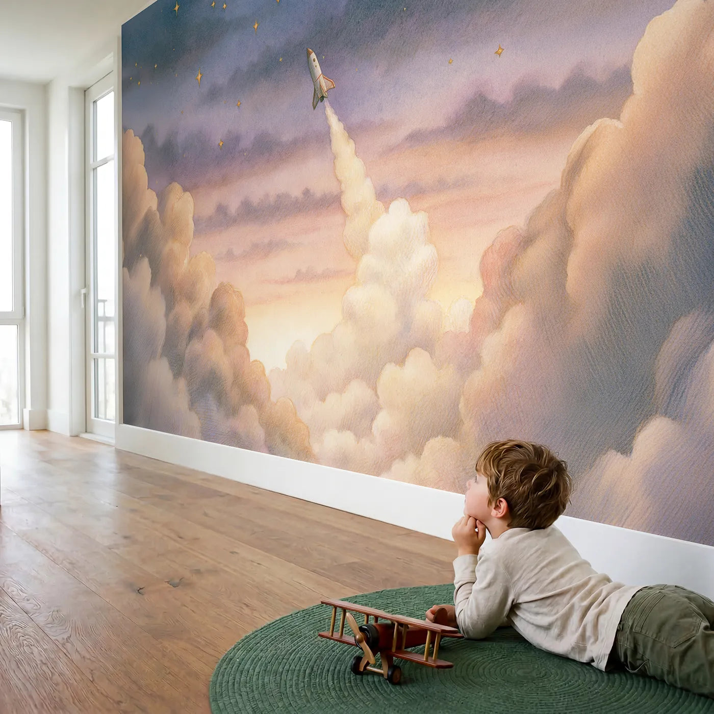 Child in nursery with Rocket Cloud Launch Wallpaper Mural by Whimsy Tots