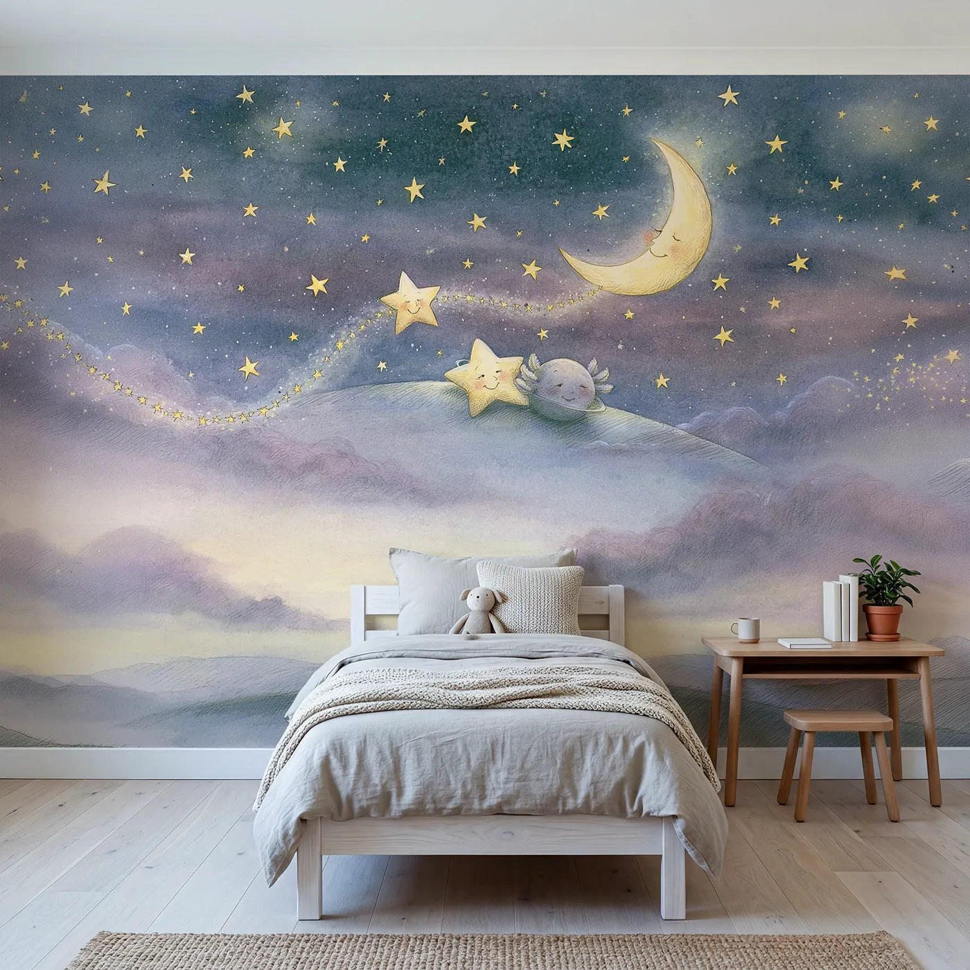 Storybook wall mural of cosmic friends drifting by Whimsy Tots