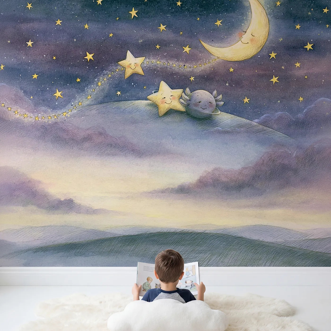 Child in nursery with Cosmic Friends Day Wallpaper Mural by Whimsy Tots