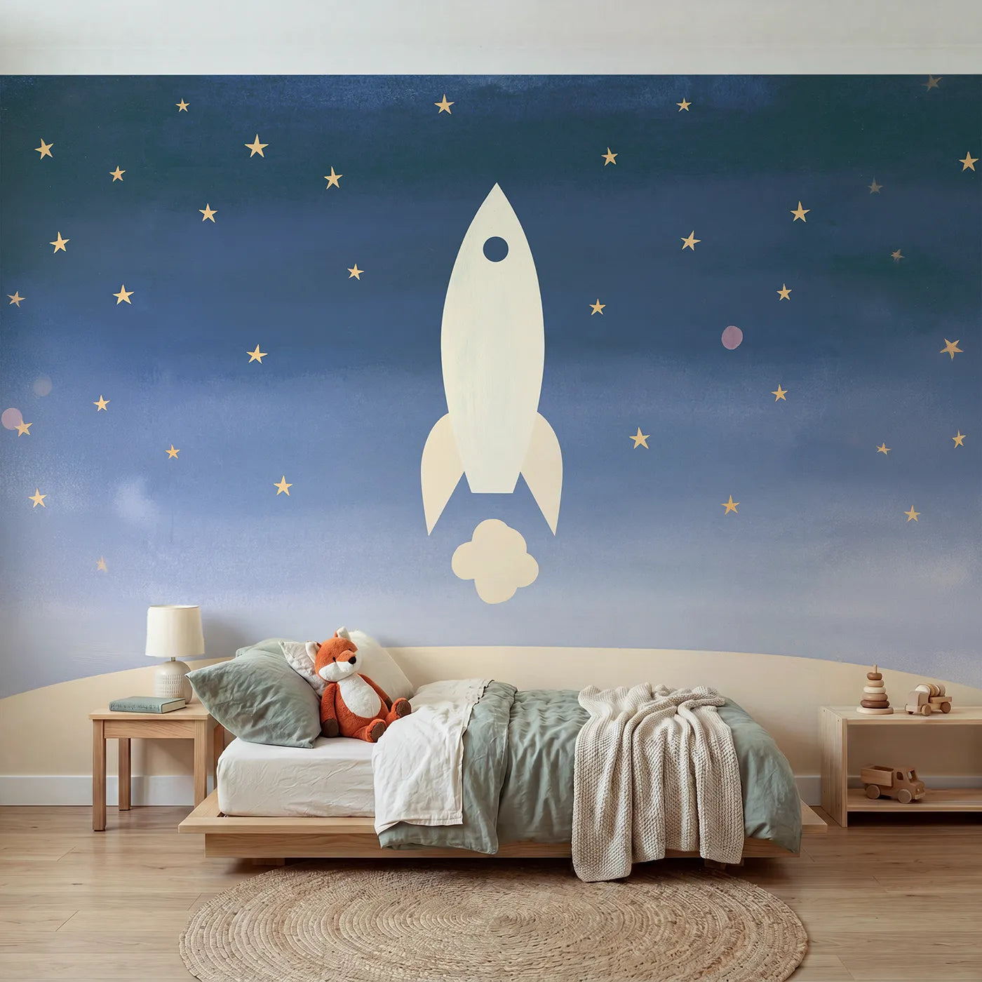 Gouache wall mural of a bold folk rocket by Whimsy Tots