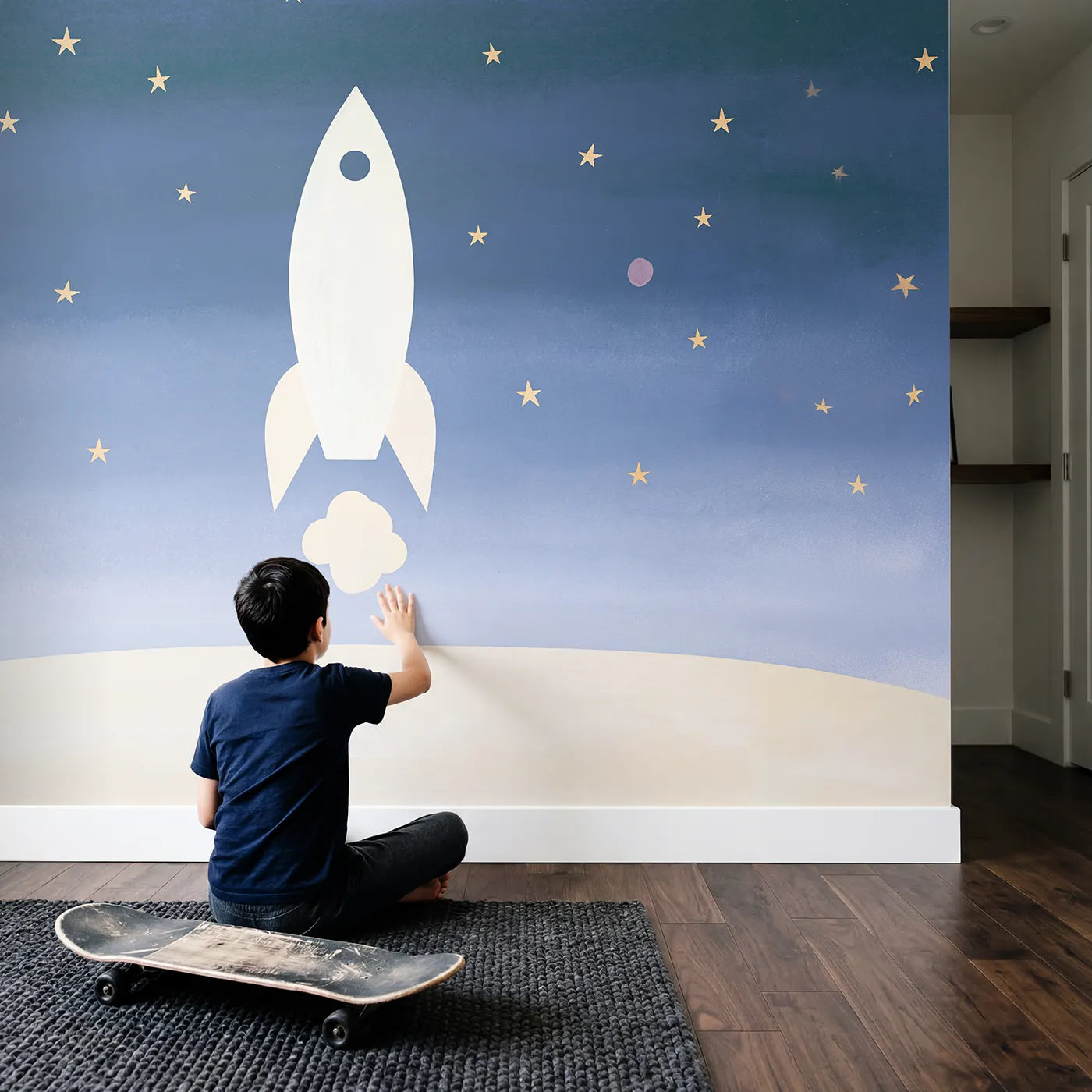 Child in nursery with Folk Rocket Shapes Wallpaper Mural by Whimsy Tots