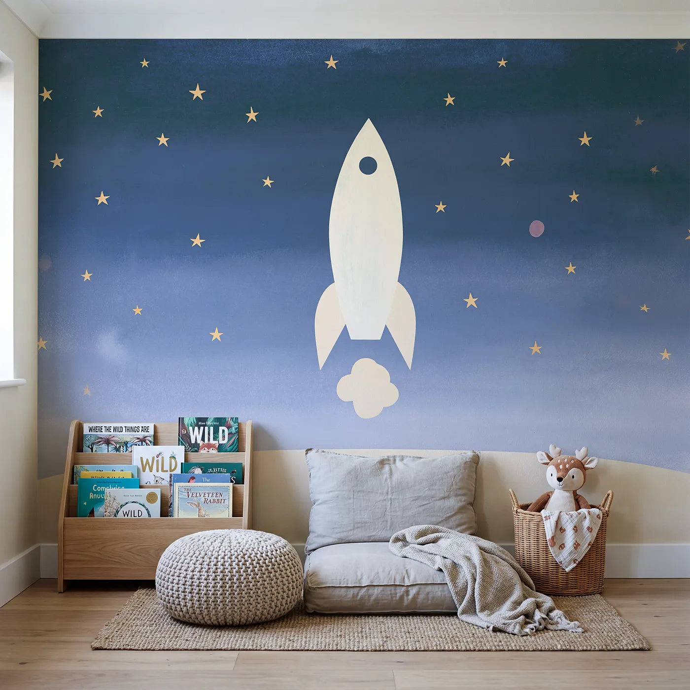 Folk Rocket Shapes Wallpaper Mural in playroom setting by Whimsy Tots
