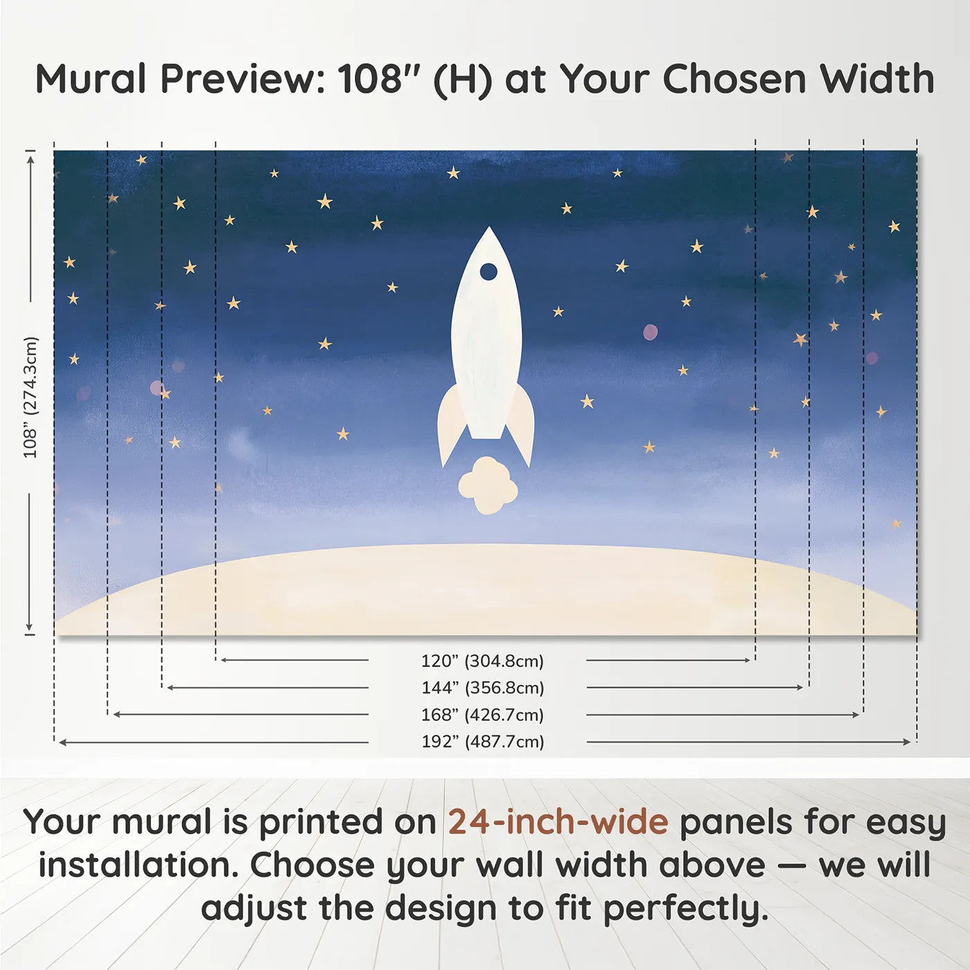 Panel layout and dimensions for Folk Rocket Shapes Wallpaper Mural by Whimsy Tots