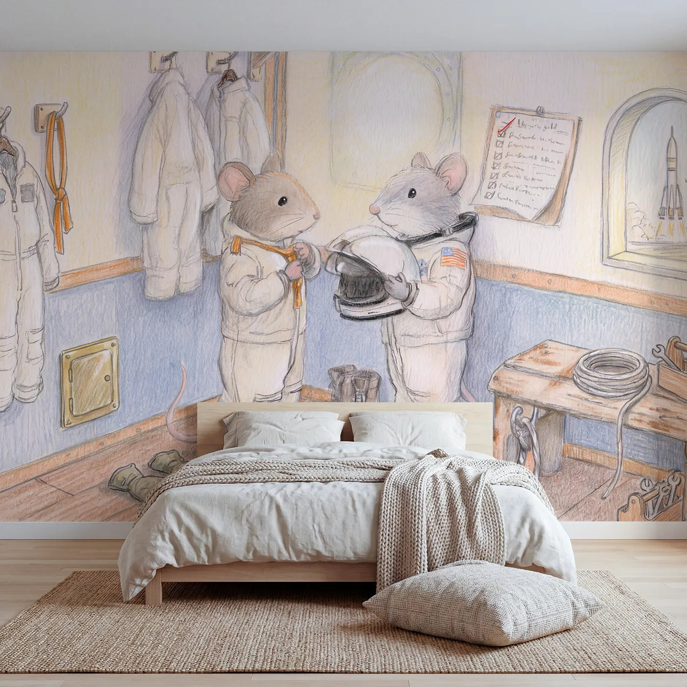Colored Pencil mice suiting up before a spacewalk, mural for a shared kids room by Whimsy Tots
