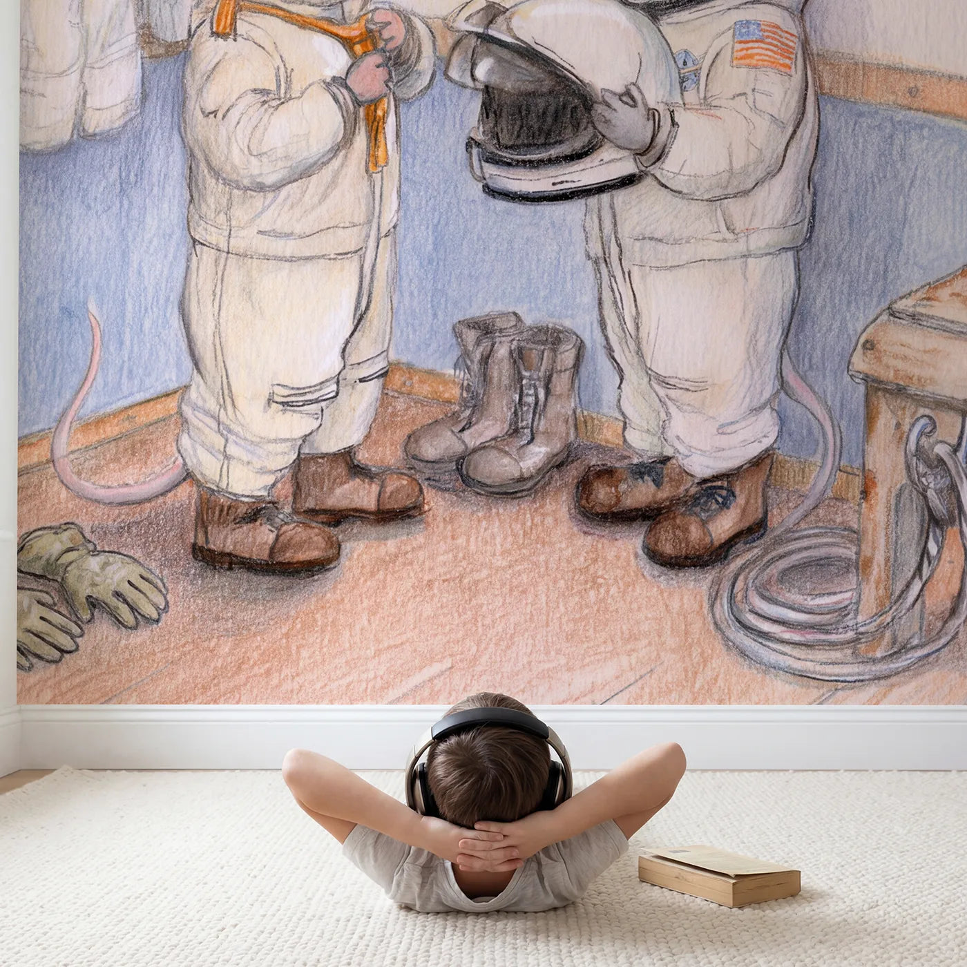 Child in nursery with Suiting Up Wallpaper Mural by Whimsy Tots