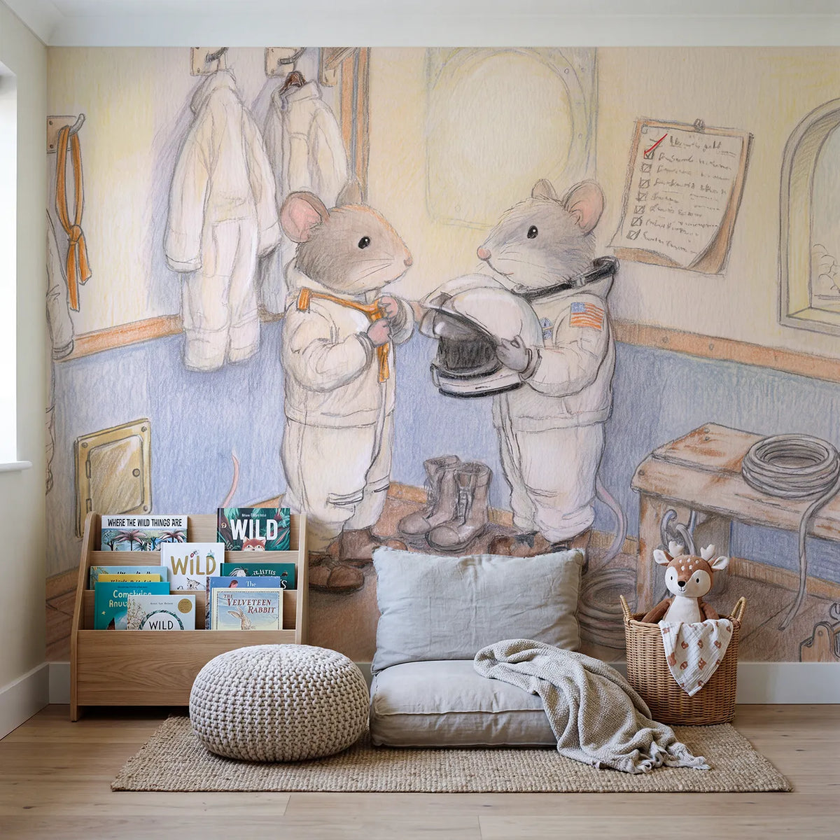 Suiting Up Wallpaper Mural in playroom setting by Whimsy Tots