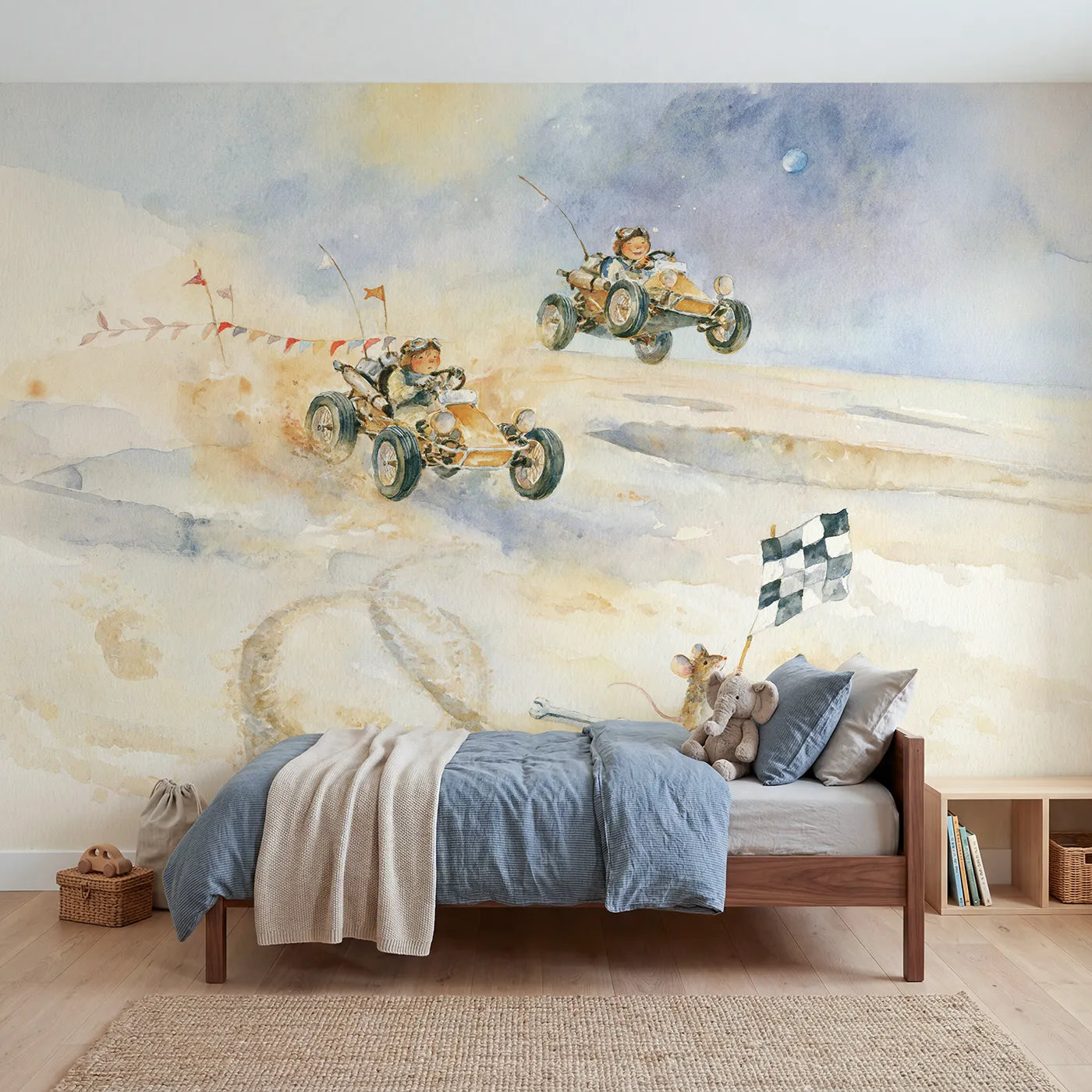 Watercolor moon buggy race across pale dust flats, mural for a playroom by Whimsy Tots