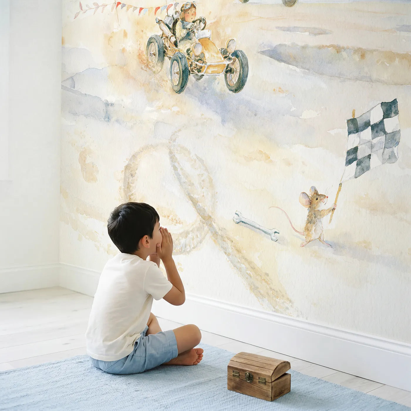 Child in nursery with The Moon Buggy Race Wallpaper Mural by Whimsy Tots