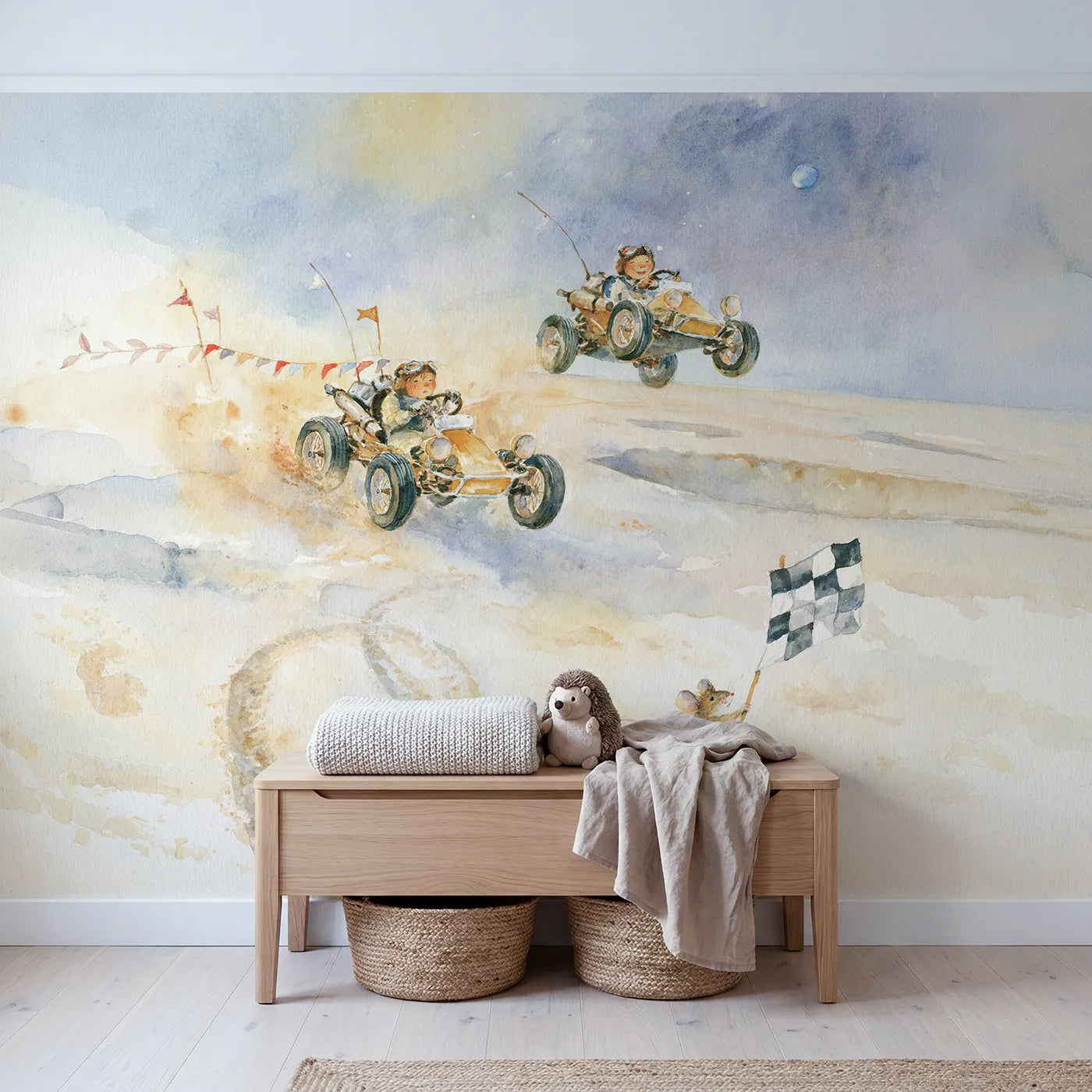 The Moon Buggy Race Wallpaper Mural in playroom setting by Whimsy Tots