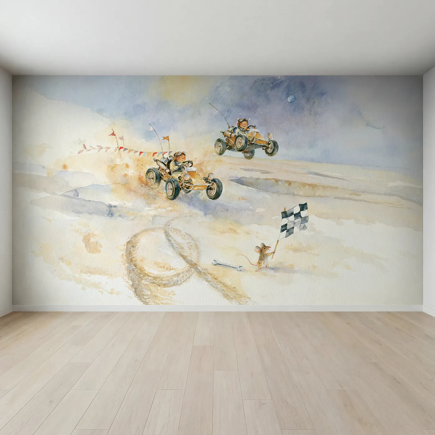 Full view of The Moon Buggy Race Wallpaper Mural by Whimsy Tots