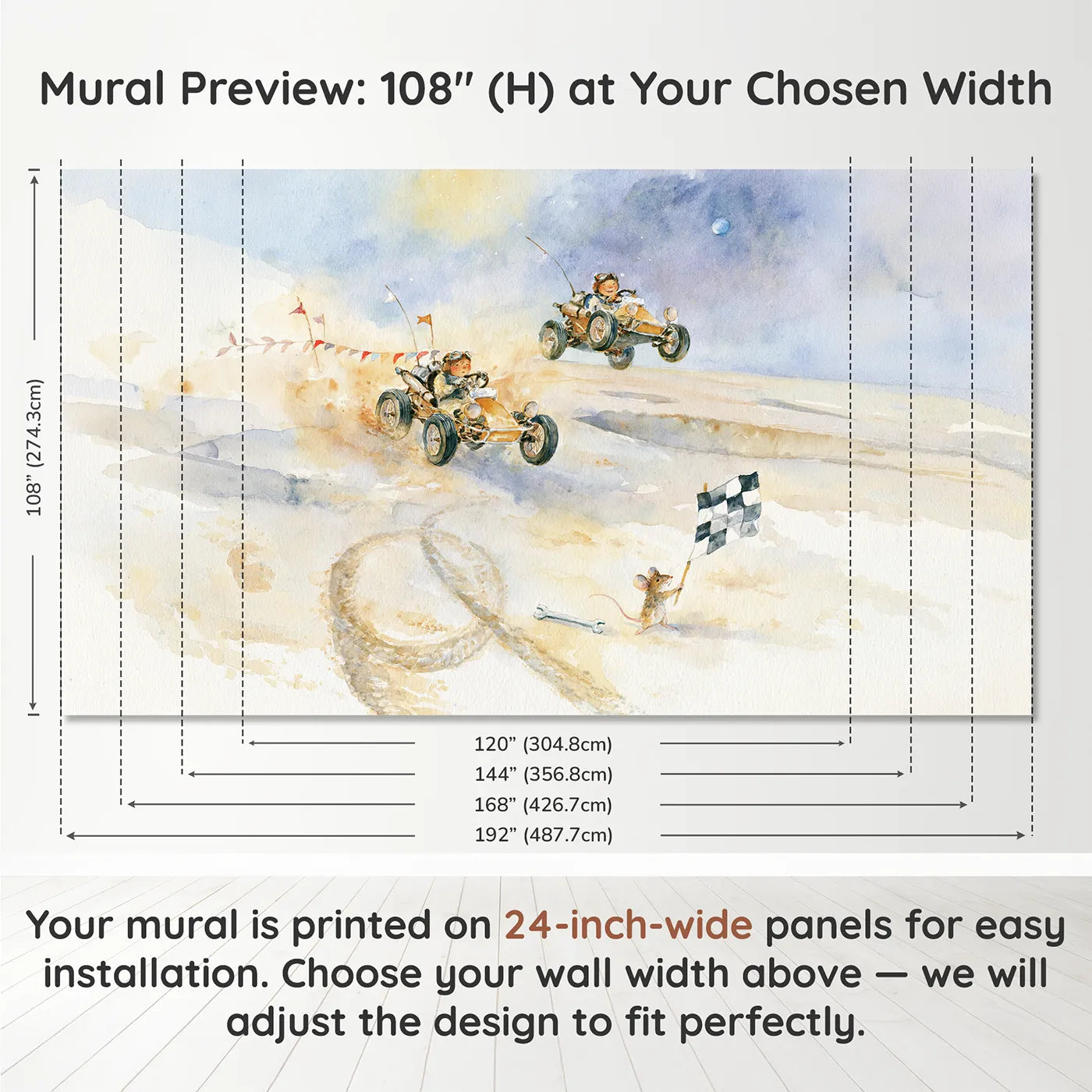 Panel layout and dimensions for The Moon Buggy Race Wallpaper Mural by Whimsy Tots