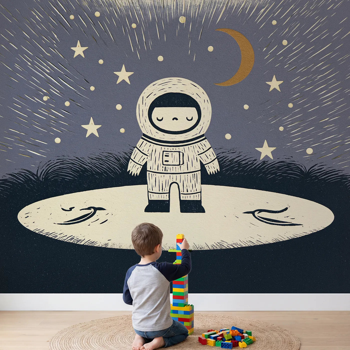 Child in nursery with Linocut Astronaut Moon Wallpaper Mural by Whimsy Tots