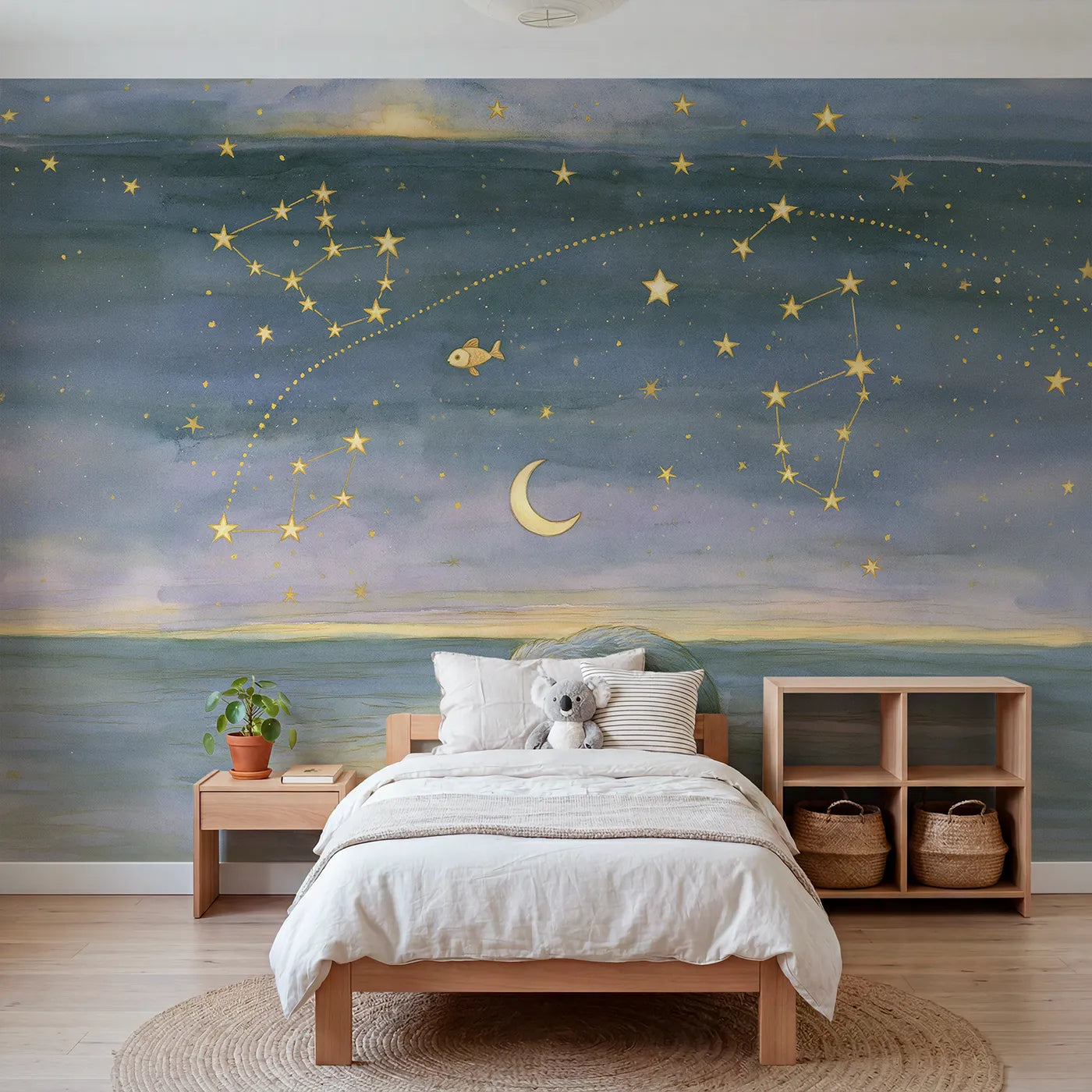 Watercolor wall mural of a starry constellation map by Whimsy Tots
