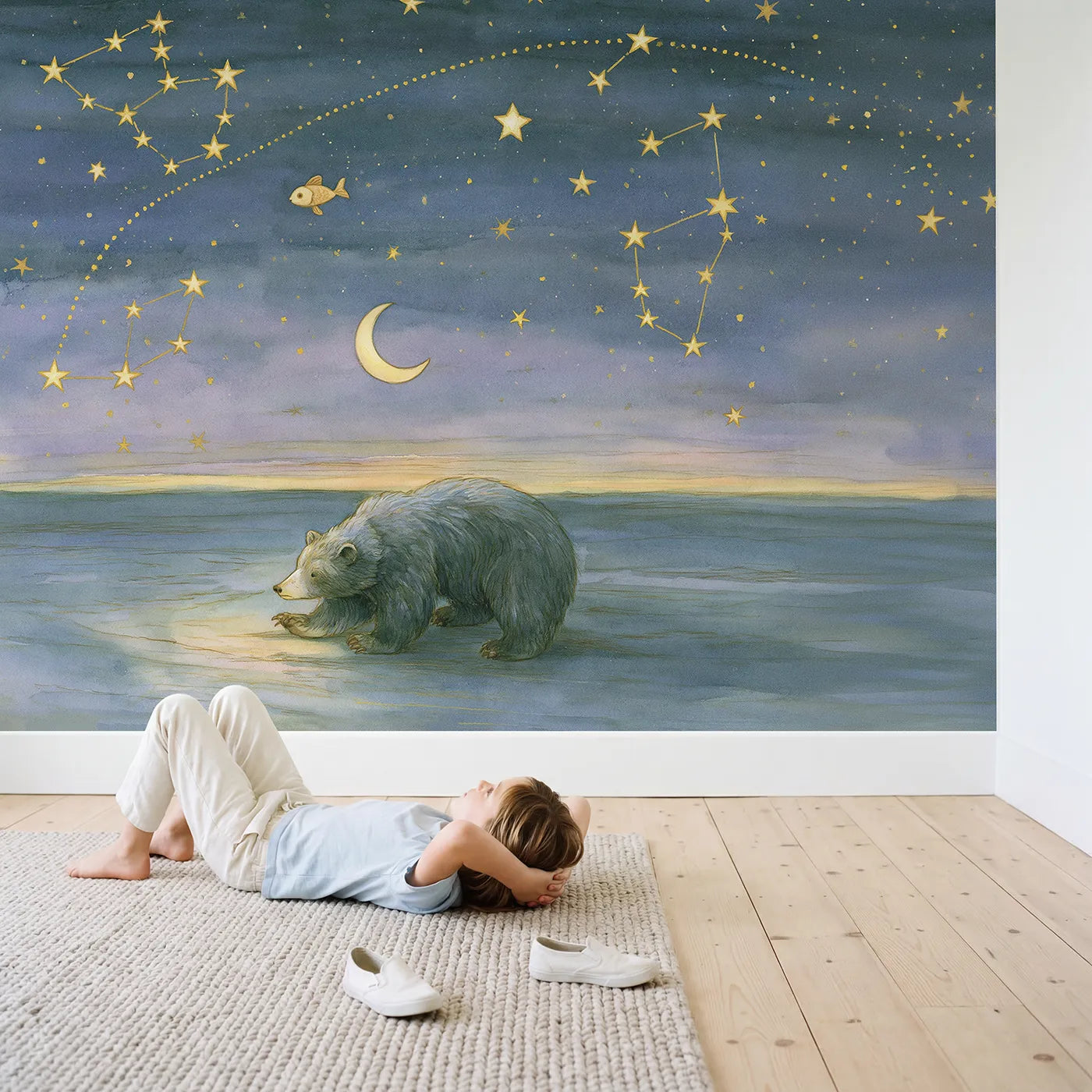 Child in nursery with Starry Constellation Map Wallpaper Mural by Whimsy Tots