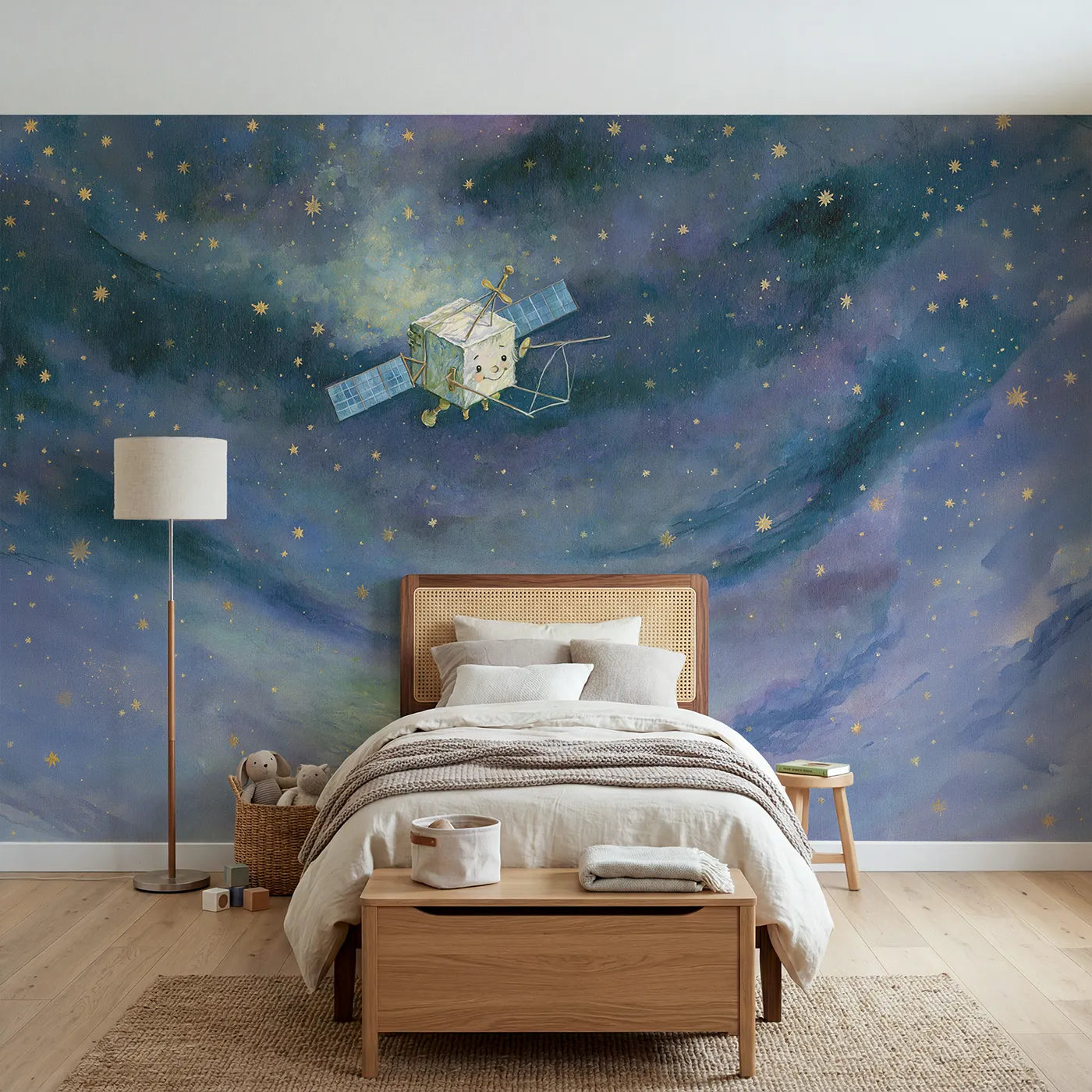 Watercolor wall mural of a friendly little satellite by Whimsy Tots