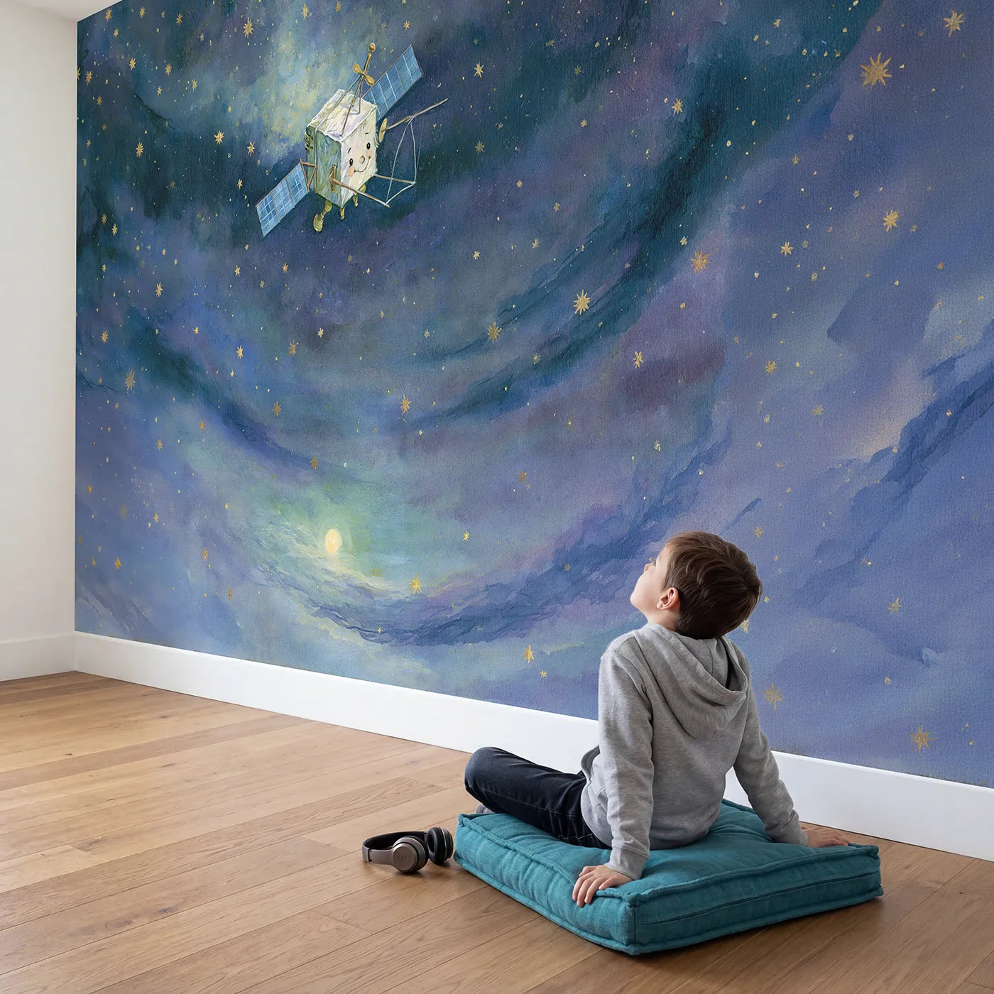 Child in nursery with Friendly Satellite Wallpaper Mural by Whimsy Tots