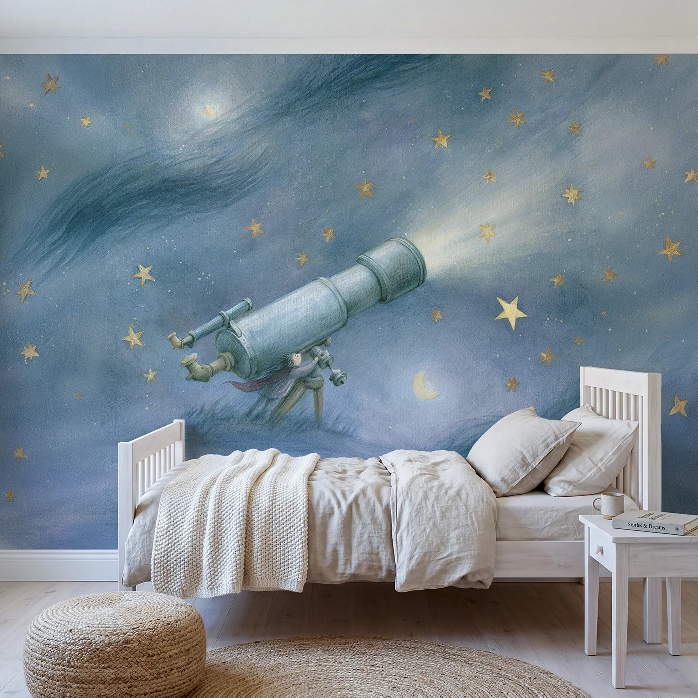 Watercolor wall mural of a little space telescope by Whimsy Tots