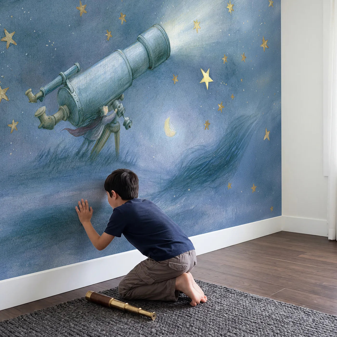 Child in nursery with Little Space Telescope Wallpaper Mural by Whimsy Tots