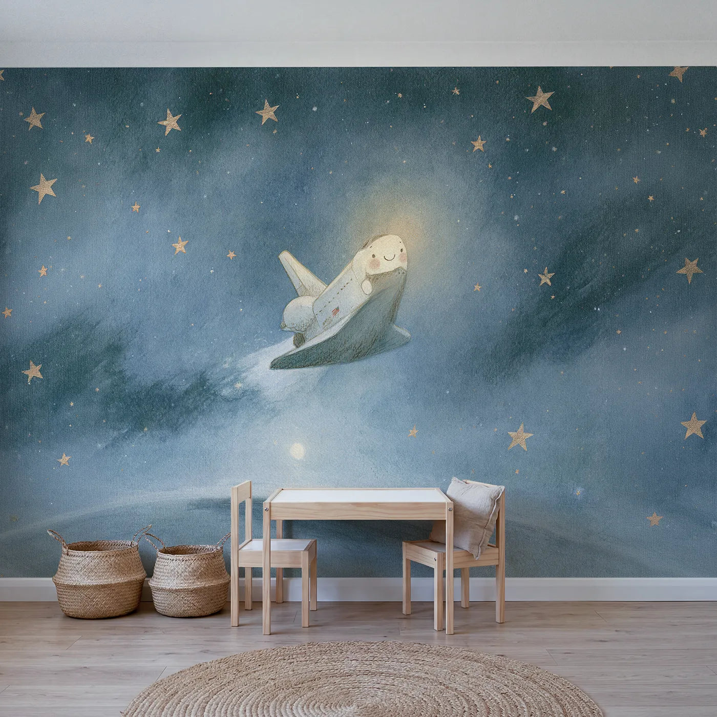 Watercolor wall mural of a cheerful space shuttle by Whimsy Tots