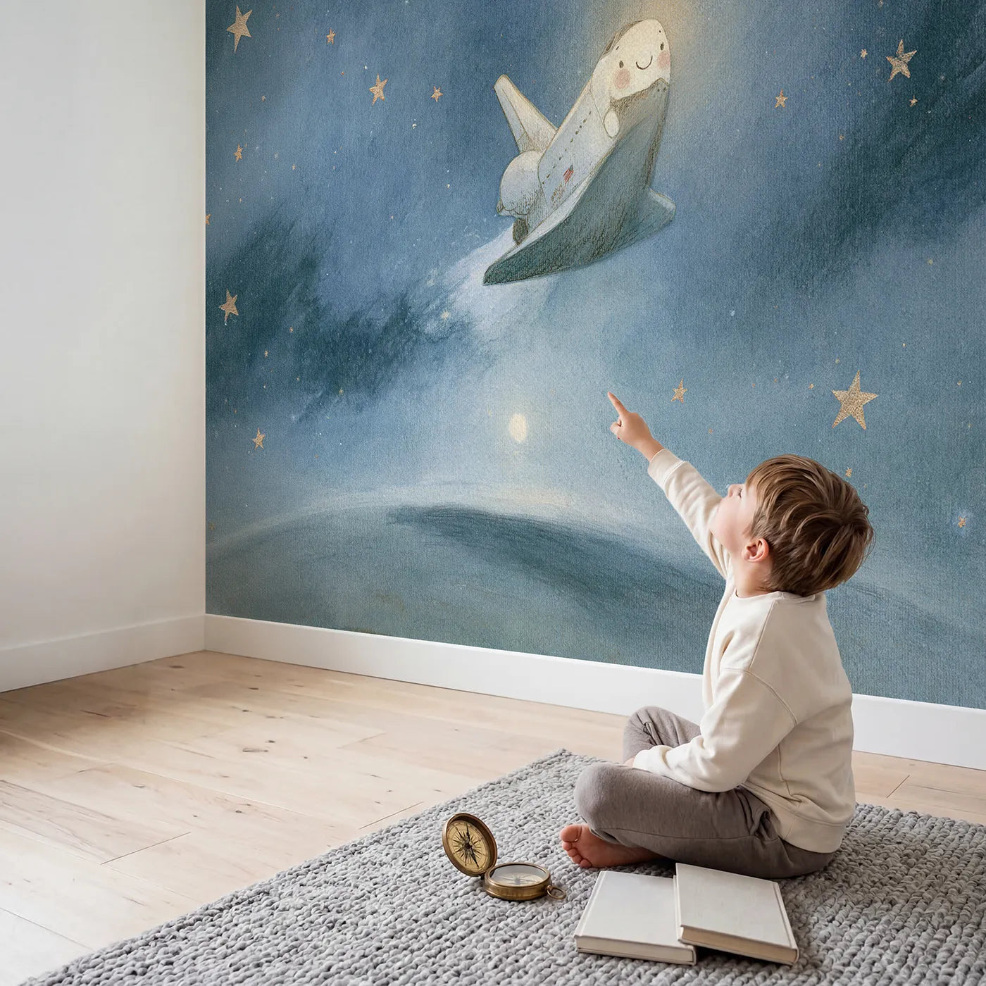 Child in nursery with Cheerful Space Shuttle Wallpaper Mural by Whimsy Tots