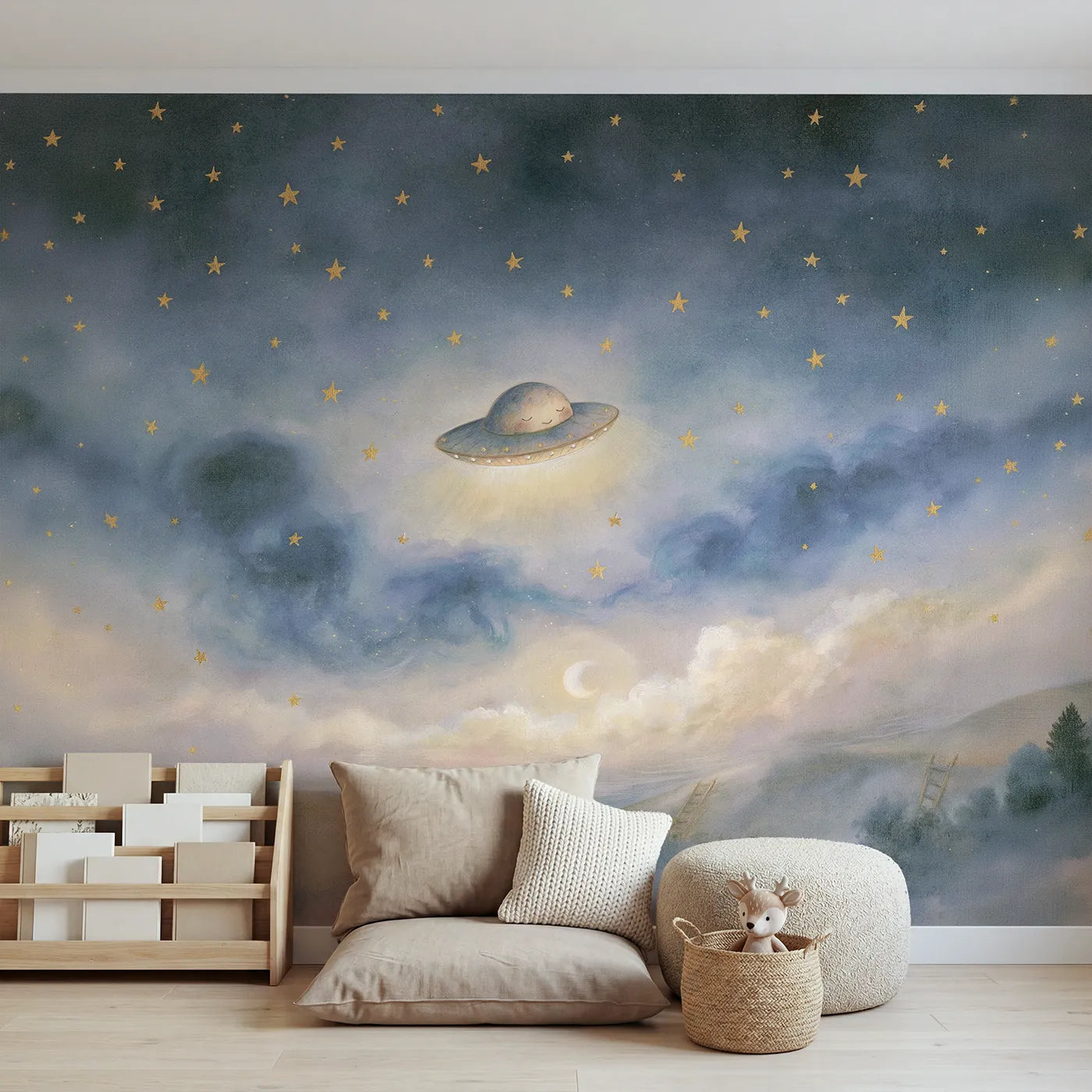 Watercolor wall mural of a friendly little UFO by Whimsy Tots