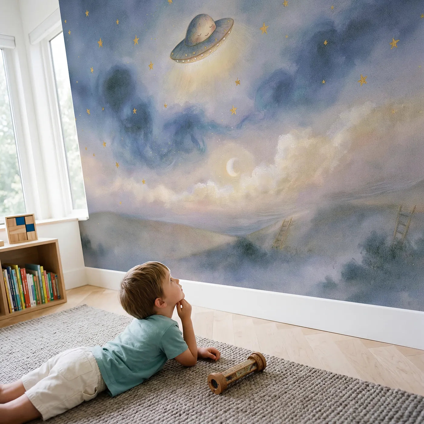 Child in nursery with Friendly Little UFO Wallpaper Mural by Whimsy Tots