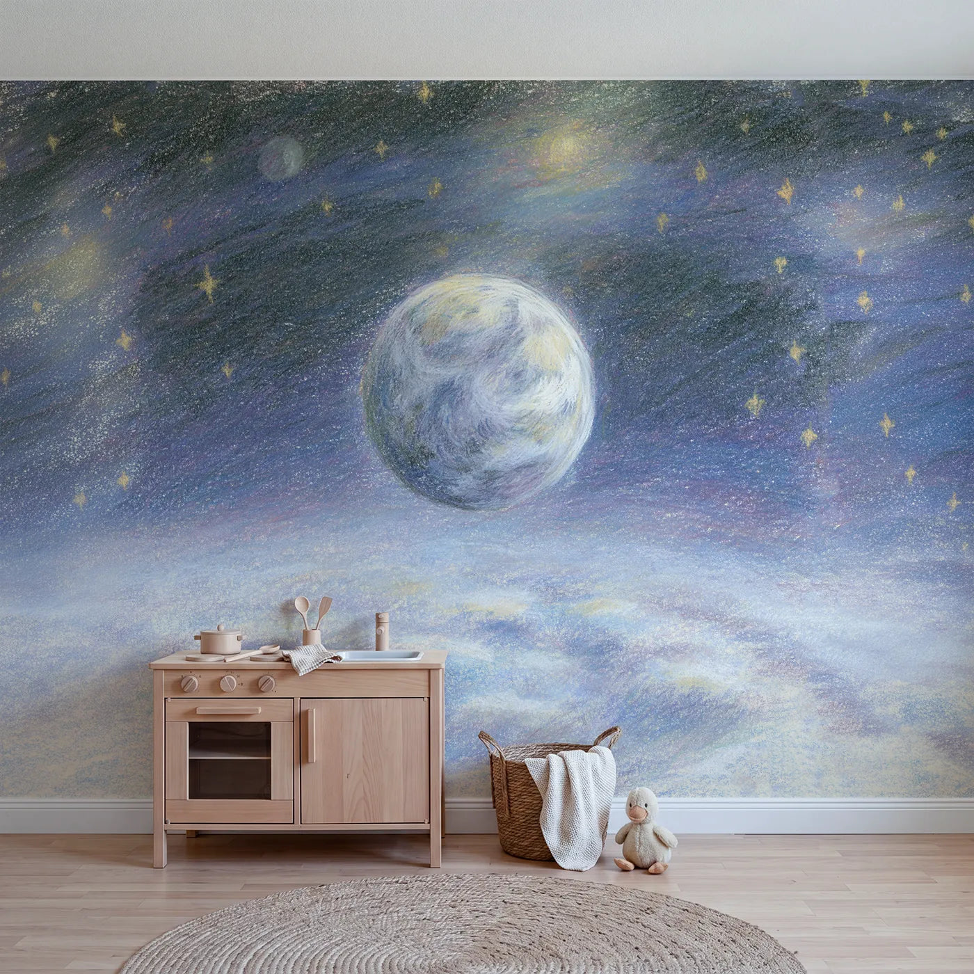 Watercolor wall mural of a gentle glowing Earth by Whimsy Tots