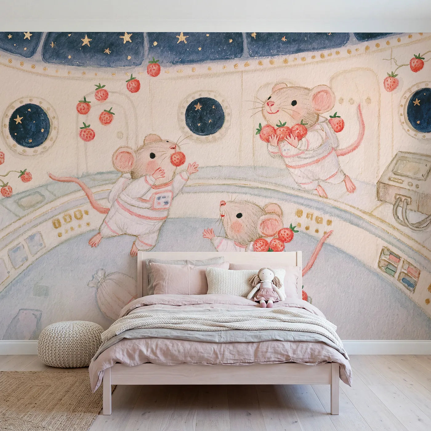 Colored Pencil berries drifting loose across a ship cabin, mural for a playroom by Whimsy Tots