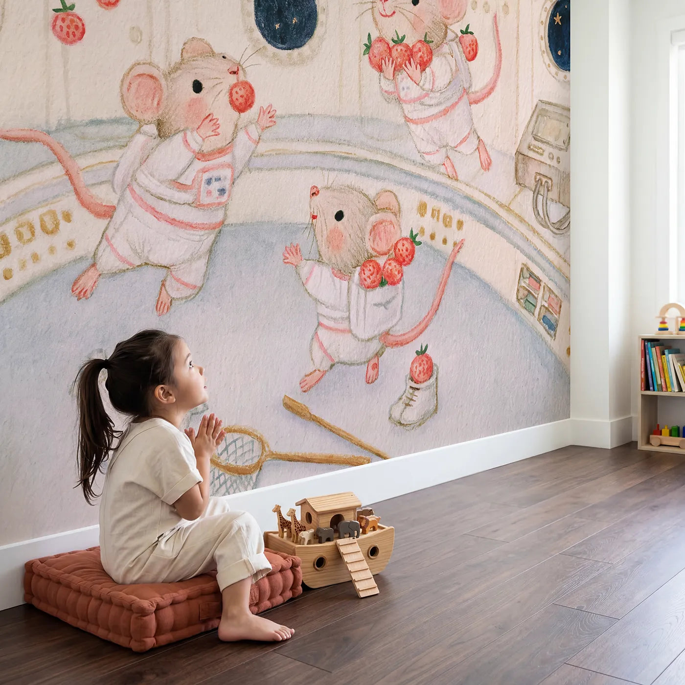 Child in nursery with Catching the Floating Snacks Wallpaper Mural by Whimsy Tots