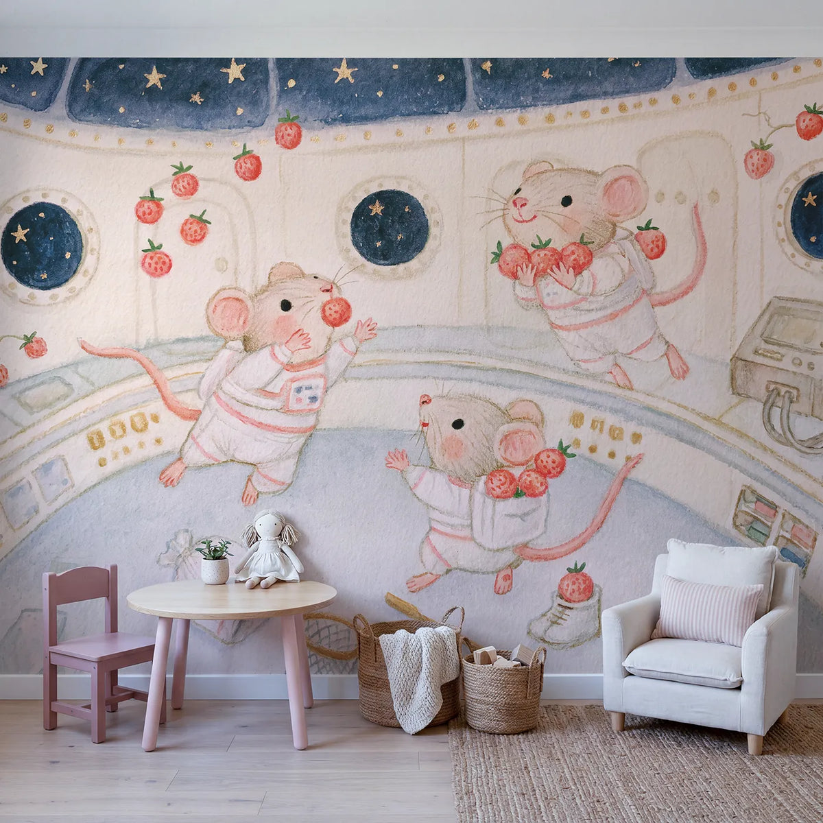 Catching the Floating Snacks Wallpaper Mural in playroom setting by Whimsy Tots