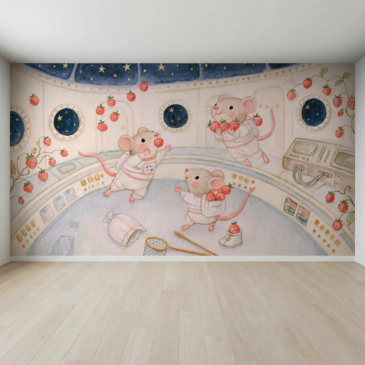 Full view of Catching the Floating Snacks Wallpaper Mural by Whimsy Tots