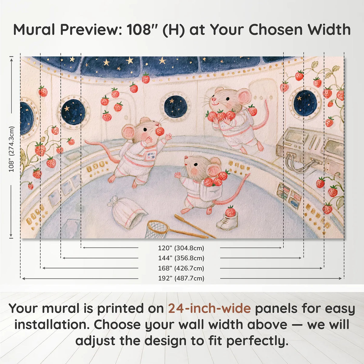 Panel layout and dimensions for Catching the Floating Snacks Wallpaper Mural by Whimsy Tots