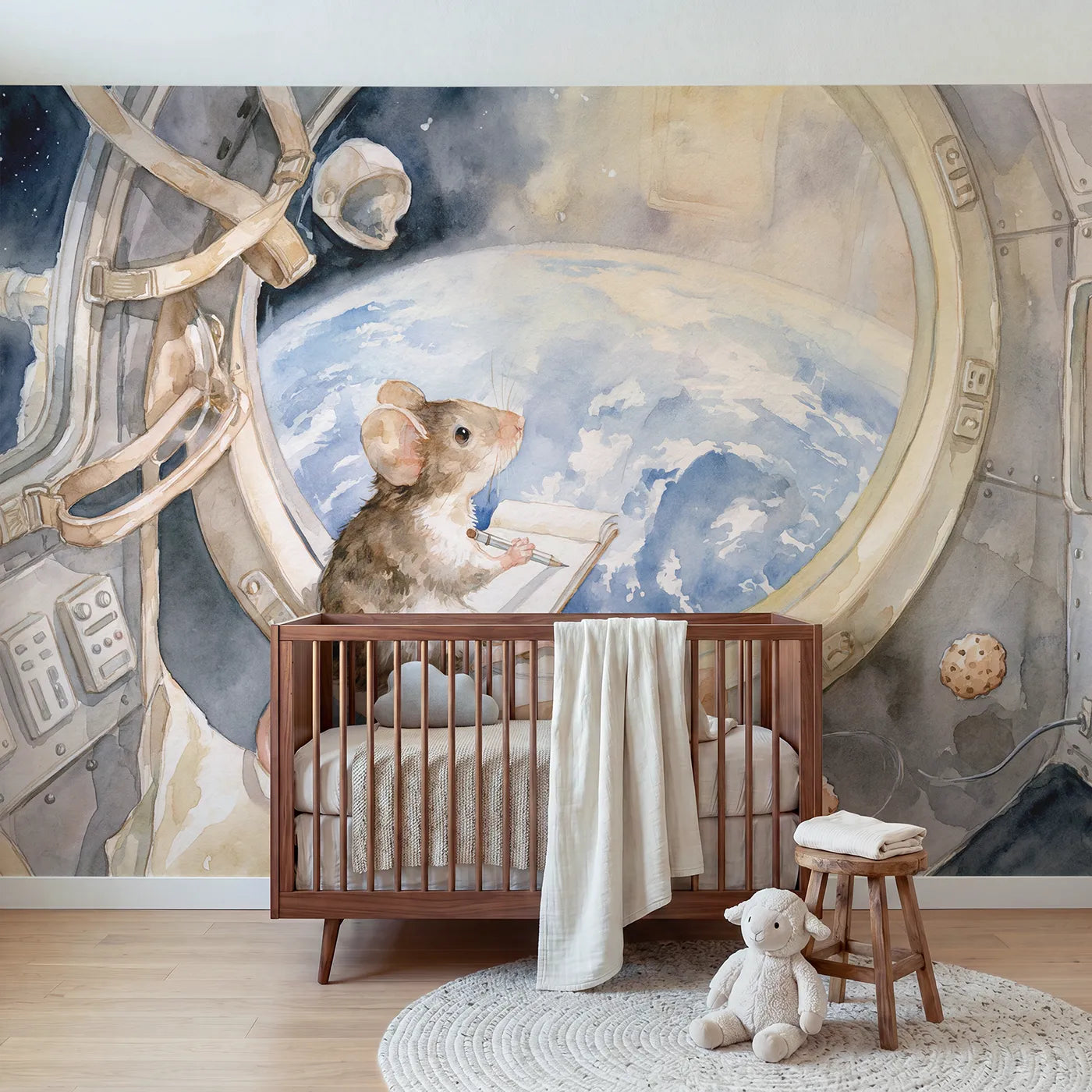 Watercolor astronaut mouse sketching Earth from a window, mural for a toddler room by Whimsy Tots