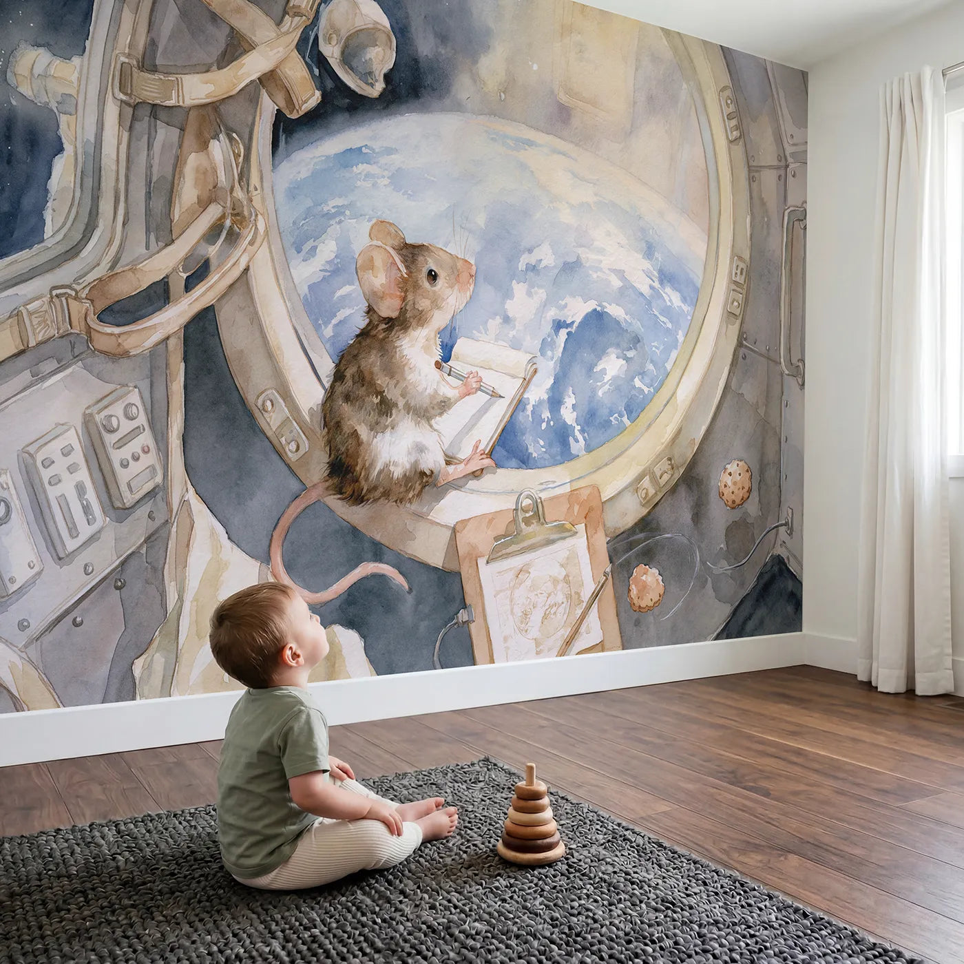 Child in nursery with Drawing the Earth from the Window Wallpaper Mural by Whimsy Tots