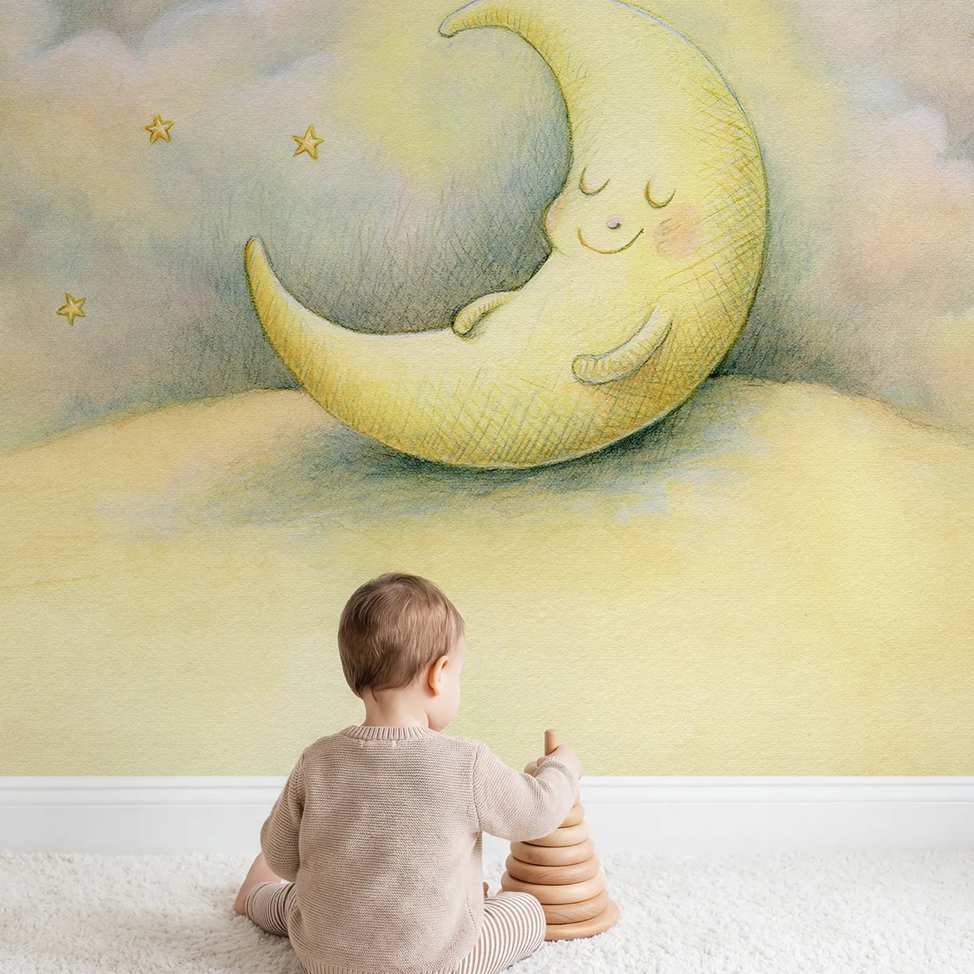 Child in nursery with Goodnight Moon Friend Wallpaper Mural by Whimsy Tots