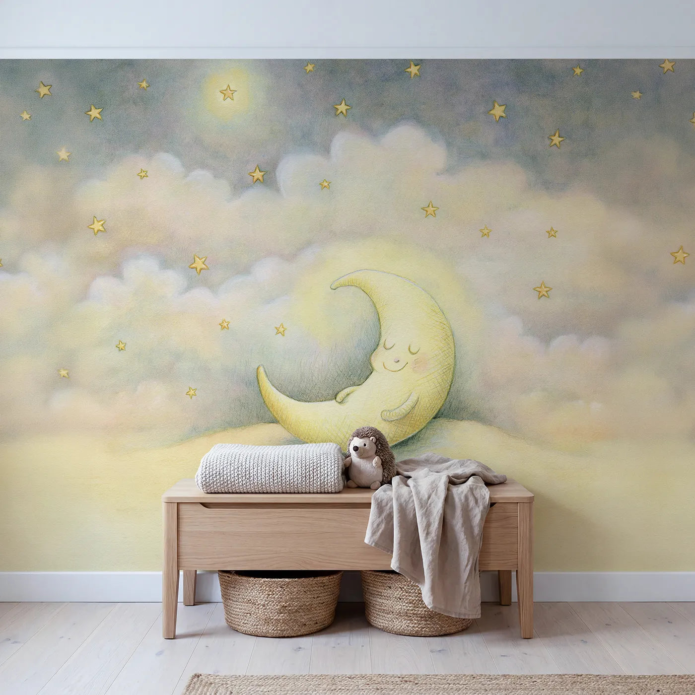 Goodnight Moon Friend Wallpaper Mural in playroom setting by Whimsy Tots