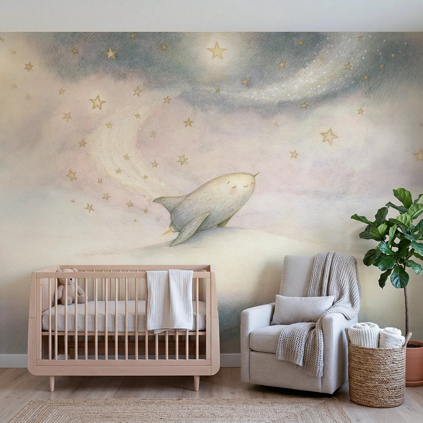 Storybook wall mural of a sleepy drifting rocket by Whimsy Tots