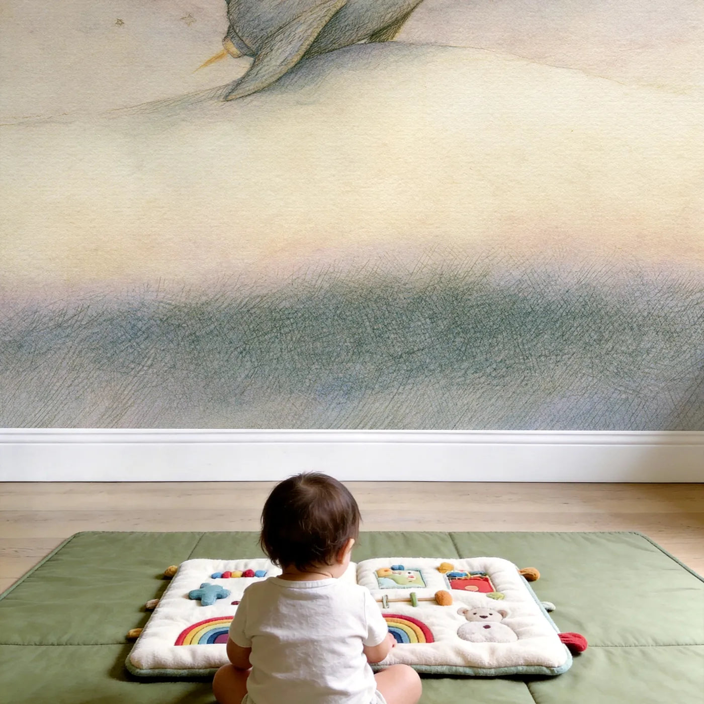 Child in nursery with Sleepy Rocket Dream Wallpaper Mural by Whimsy Tots