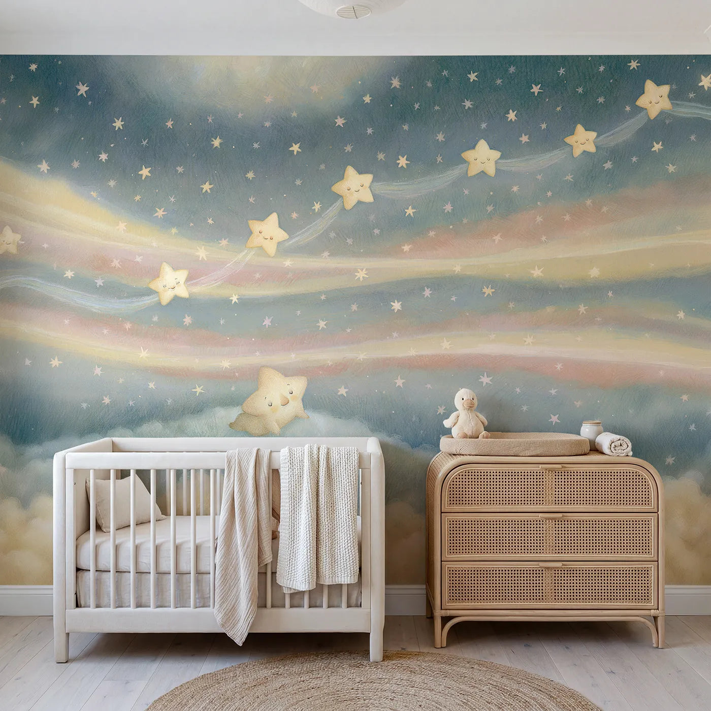 Storybook wall mural of little sleepy star wishes by Whimsy Tots