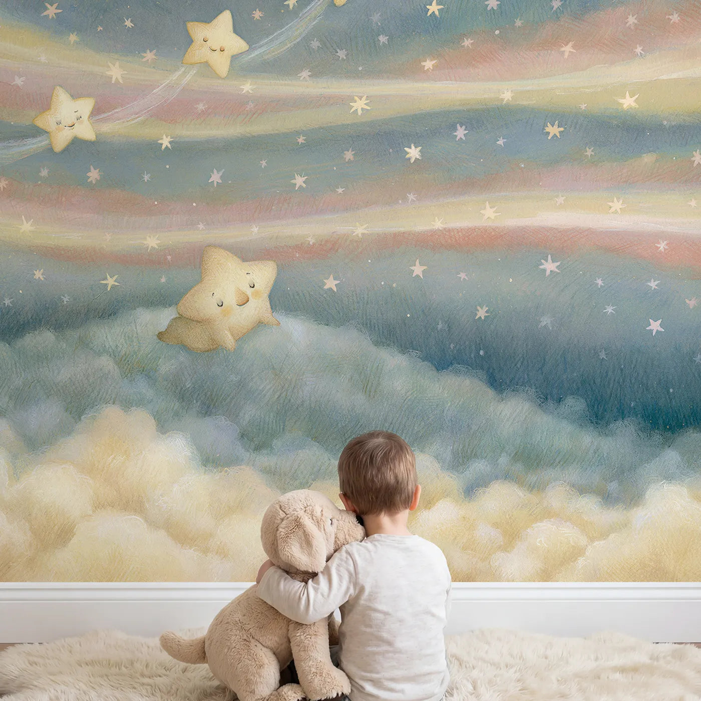 Child in nursery with Little Star Wishes Wallpaper Mural by Whimsy Tots