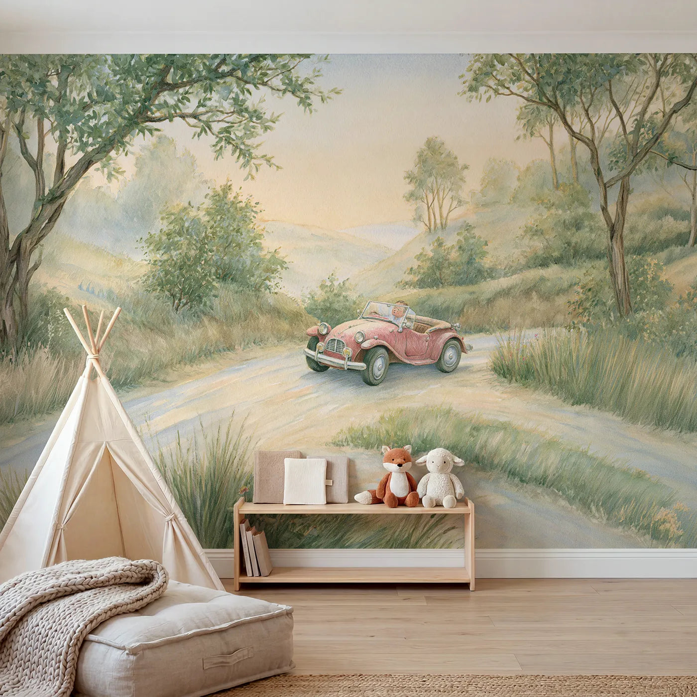 Chalk-pastel wall mural of a classic convertible car by Whimsy Tots