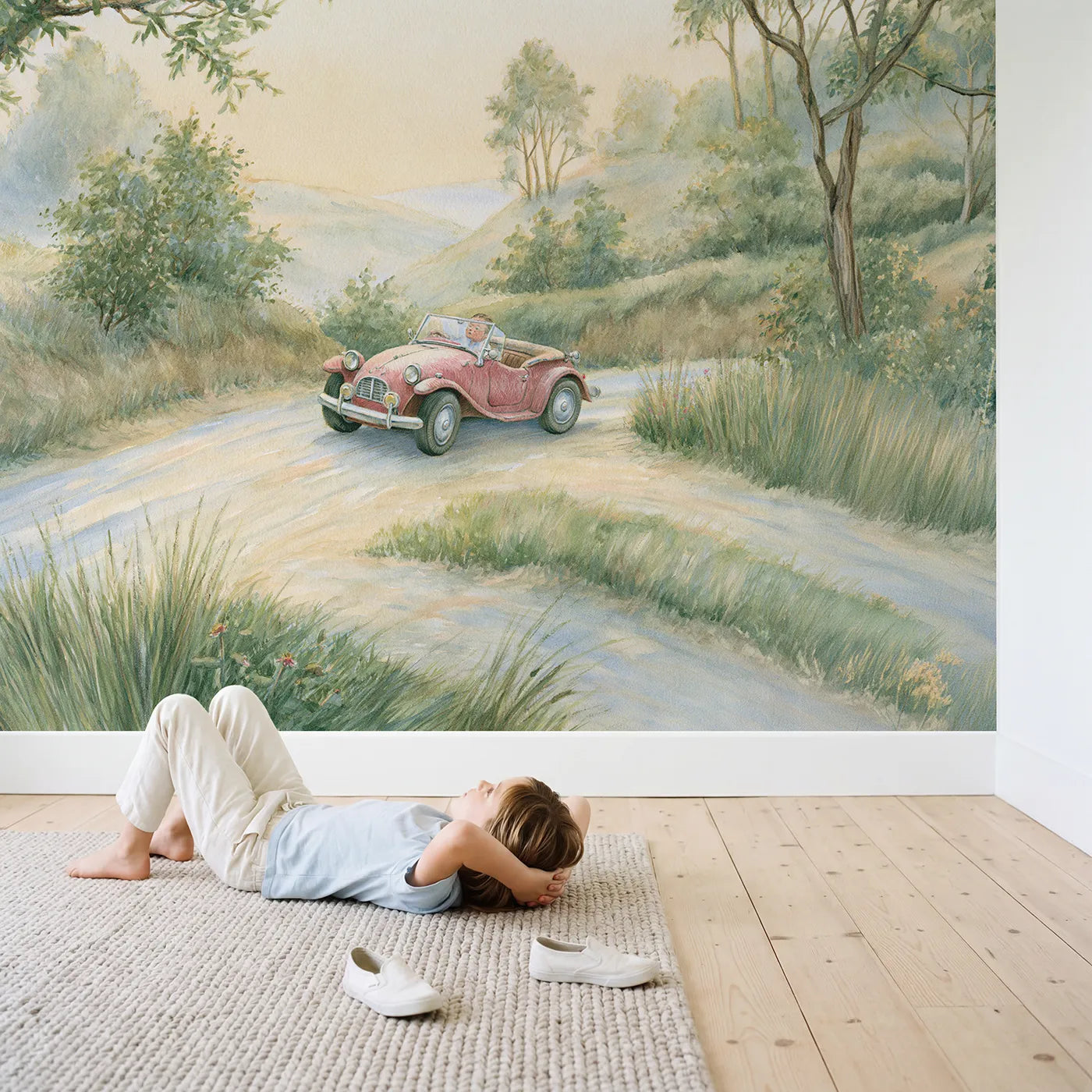Child in nursery with Classic Convertible Car Wallpaper Mural by Whimsy Tots