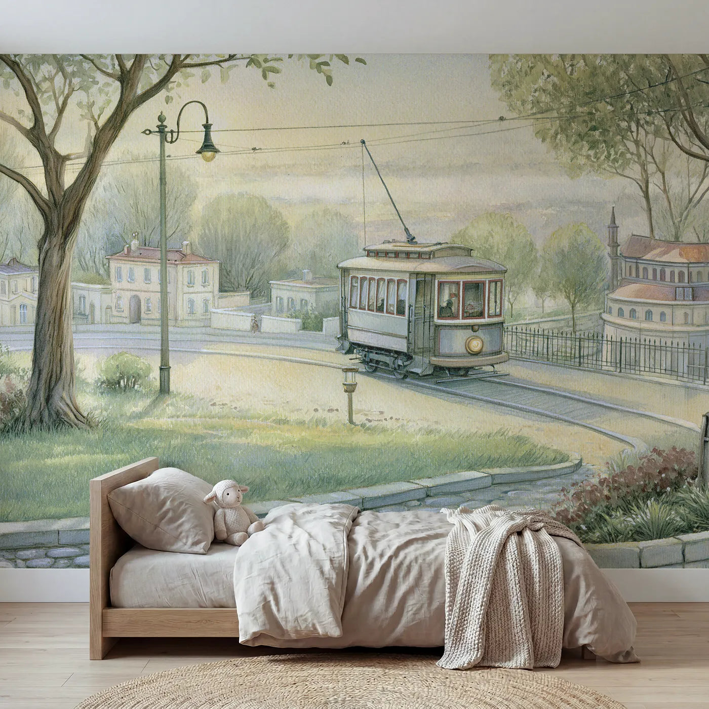 Chalk-pastel wall mural of a little trolley tram by Whimsy Tots
