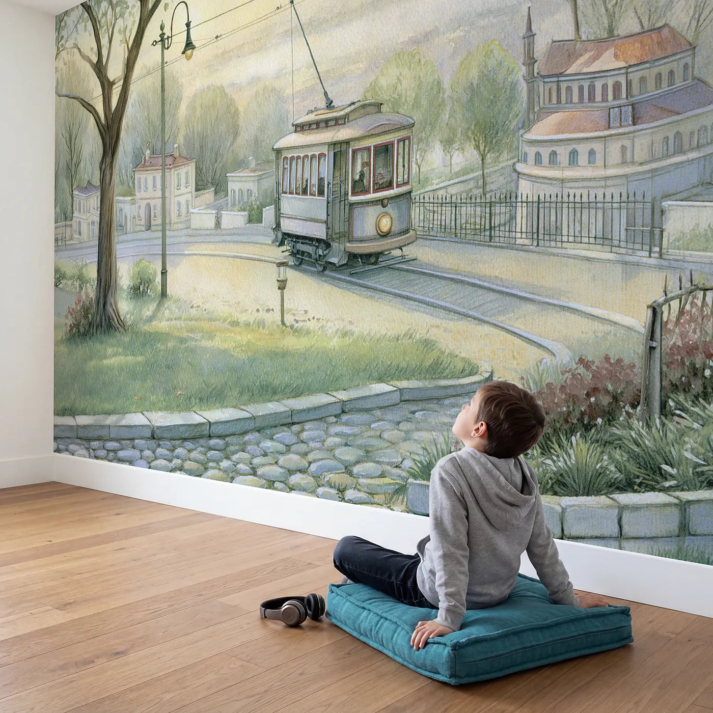 Child in nursery with Little Trolley Tram Wallpaper Mural by Whimsy Tots