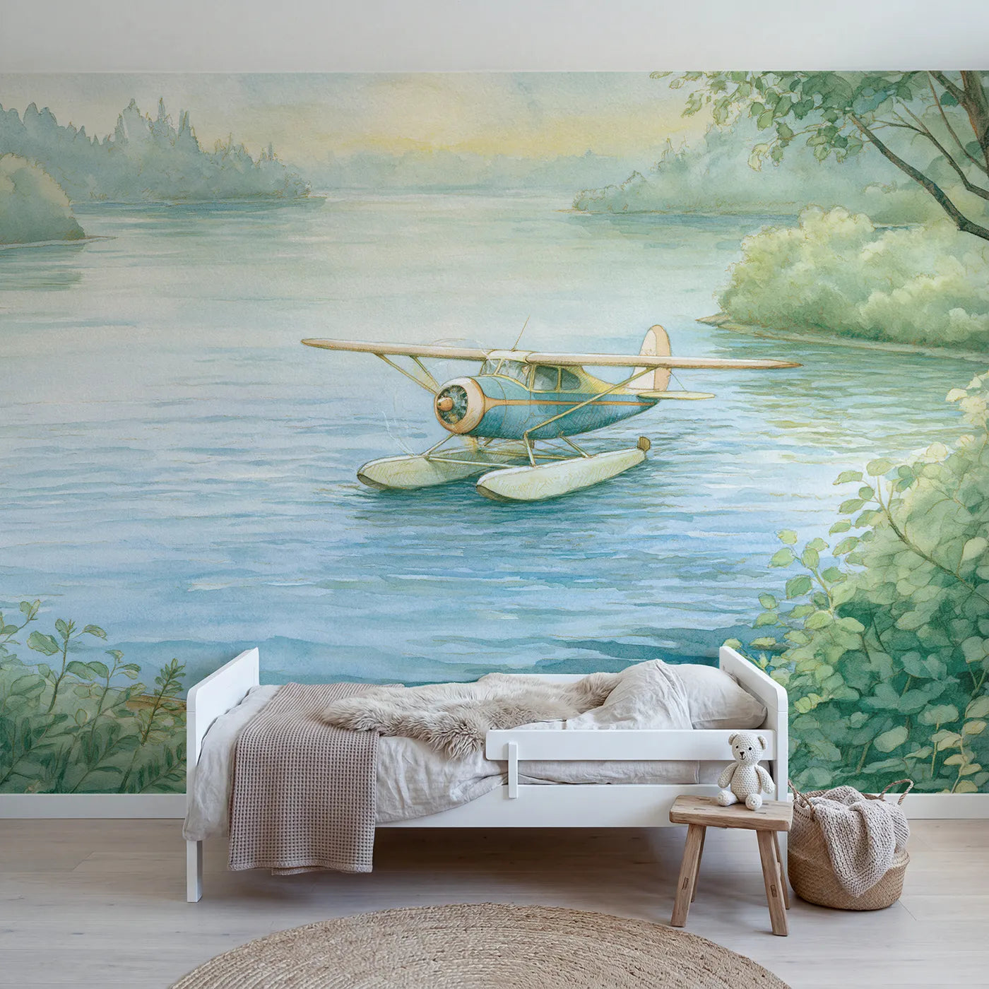Chalk-pastel wall mural of a friendly seaplane by Whimsy Tots