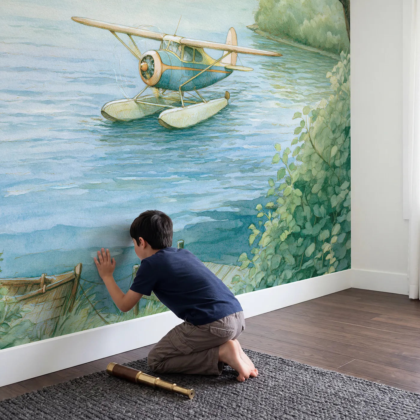 Child in nursery with Friendly Seaplane Wallpaper Mural by Whimsy Tots
