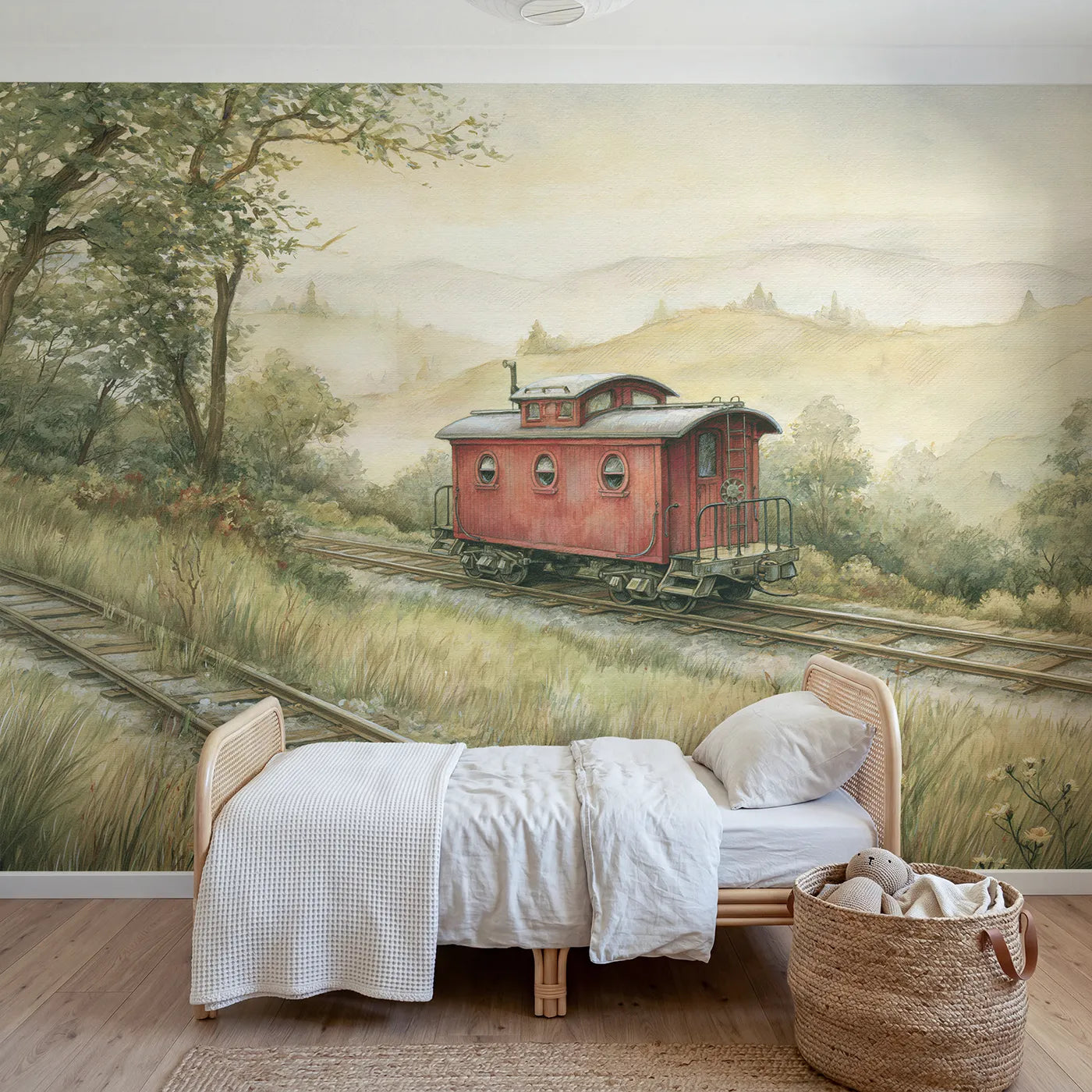 Chalk-pastel wall mural of a little red caboose by Whimsy Tots