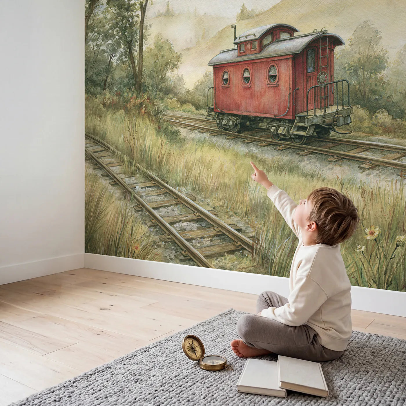 Child in nursery with Little Red Caboose Wallpaper Mural by Whimsy Tots