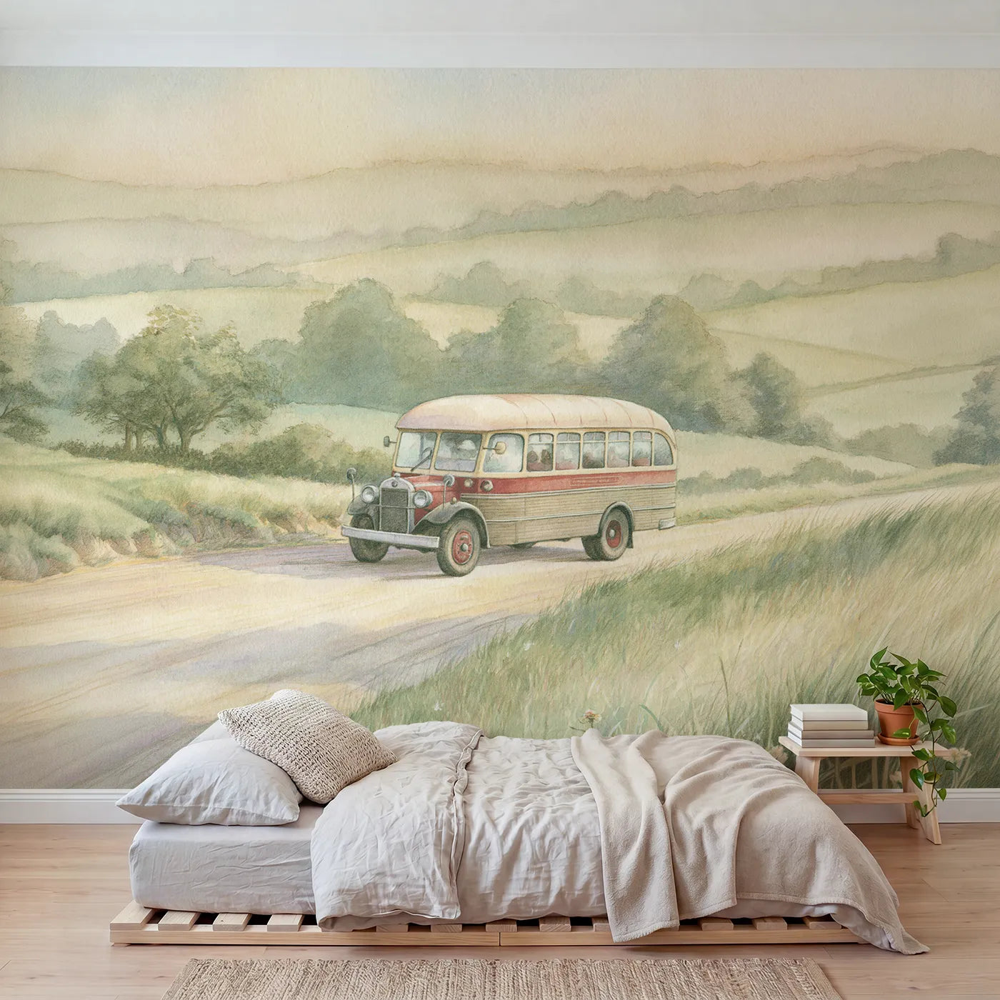 Chalk-pastel wall mural of a cheerful vintage bus by Whimsy Tots