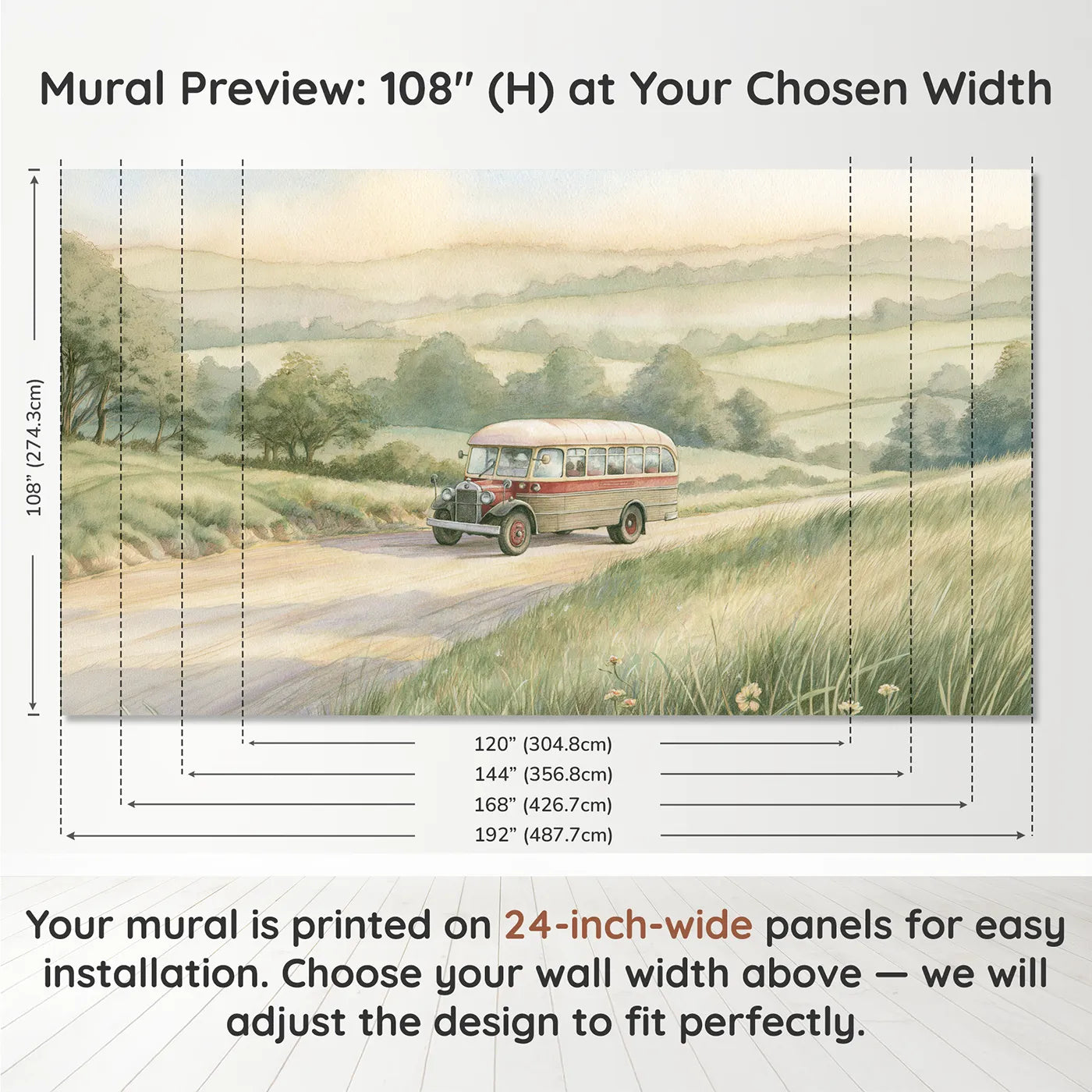Panel layout and dimensions for Cheerful Vintage Bus Wallpaper Mural by Whimsy Tots